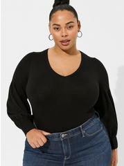 Pullover V-Neck Fitted Sweater, BLACK, hi-res