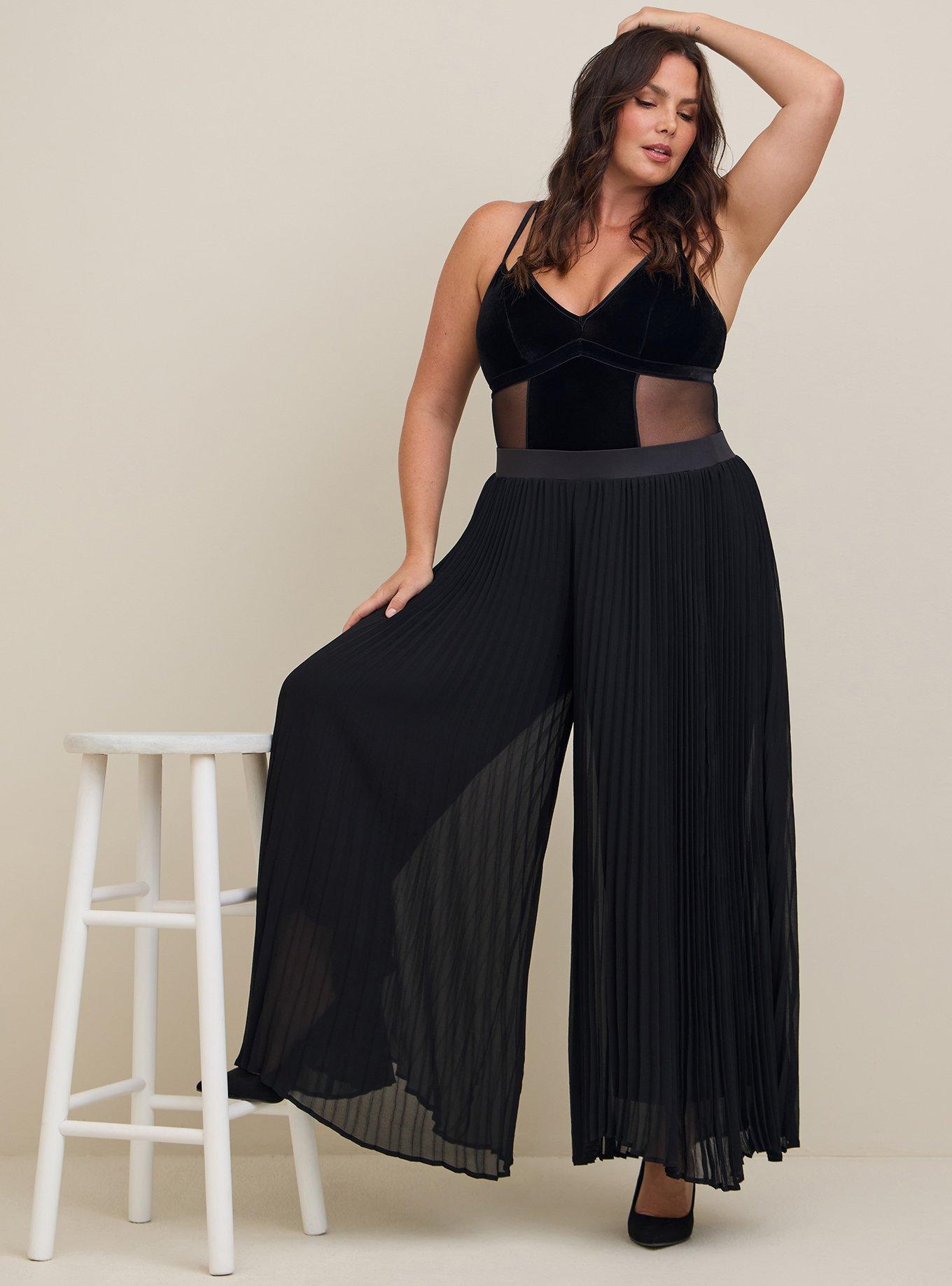 Plus Size - Pull-On Wide-Leg Chiffon High-Rise Accordion Pleat