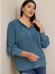 Chunky Pullover Henley Hooded Sweater, BLUE, hi-res