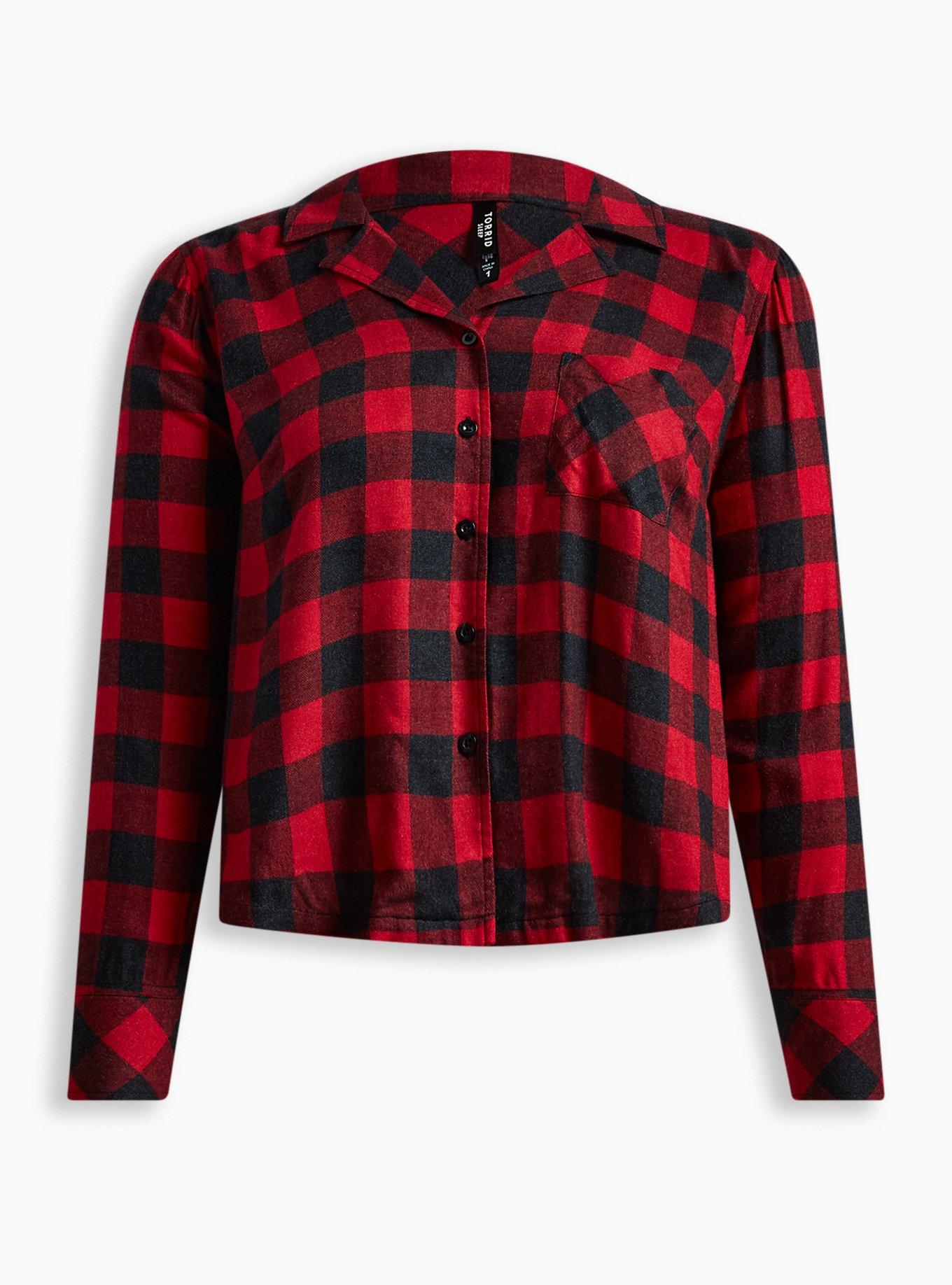 Woven Crop Button Down Long Sleeve Sleep Shirt