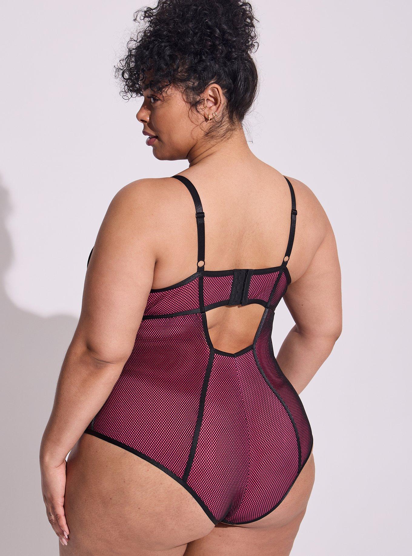 Plus Size Fishnet And Satin Binding Bodysuit, BLACK AND CABARET, alternate