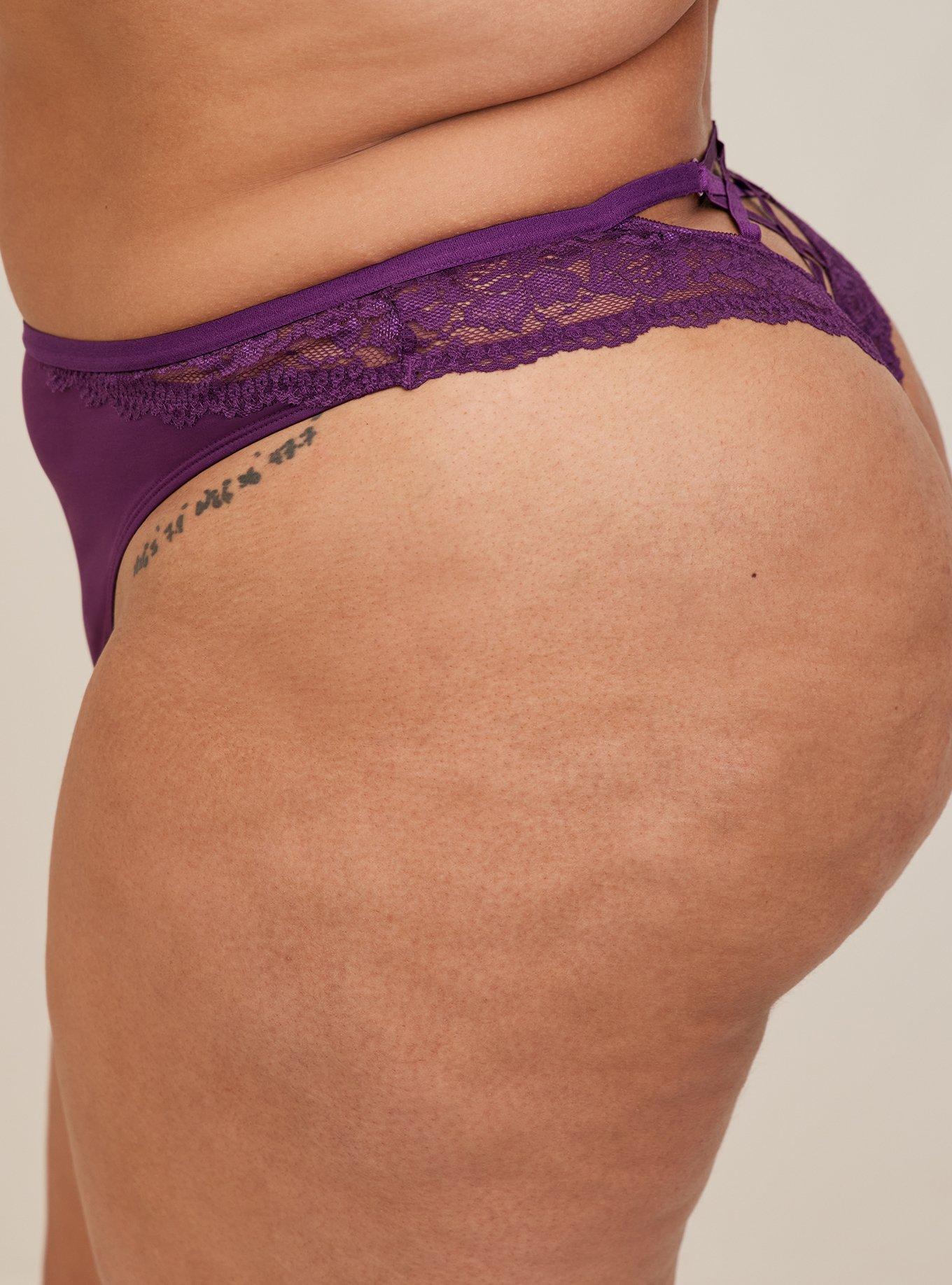 Microfiber And Lace Thong Panty With Cage Back, DEEP PURPLE, alternate