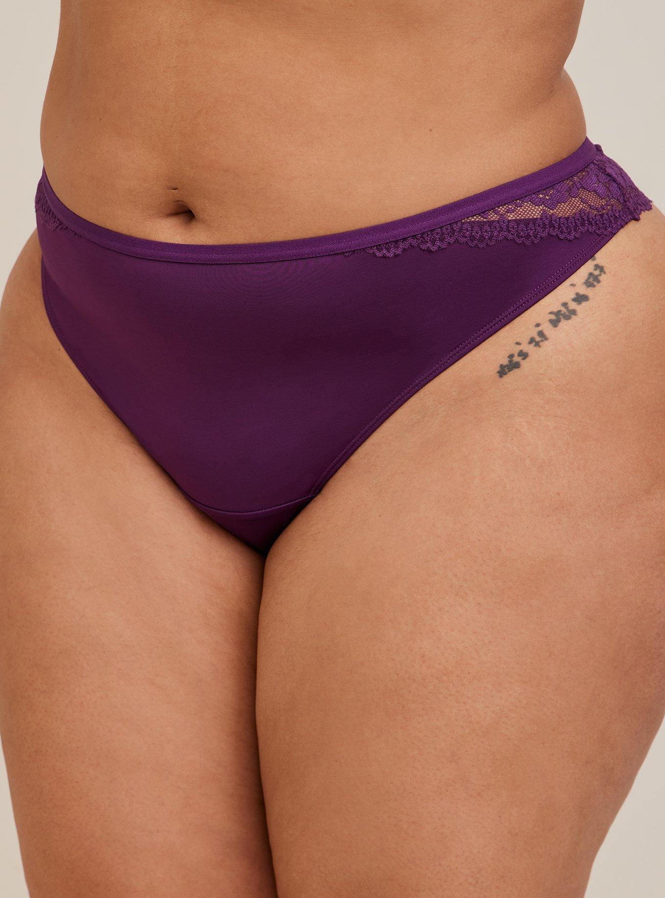 Microfiber And Lace Thong Panty With Cage Back, DEEP PURPLE, hi-res
