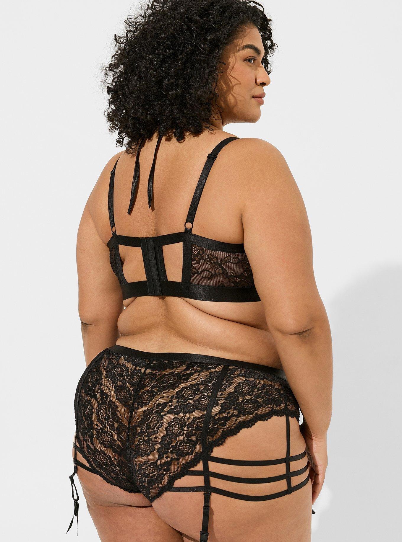 Plus Size - Lace Thong Panty With Open Gusset and Cage Garter - Torrid