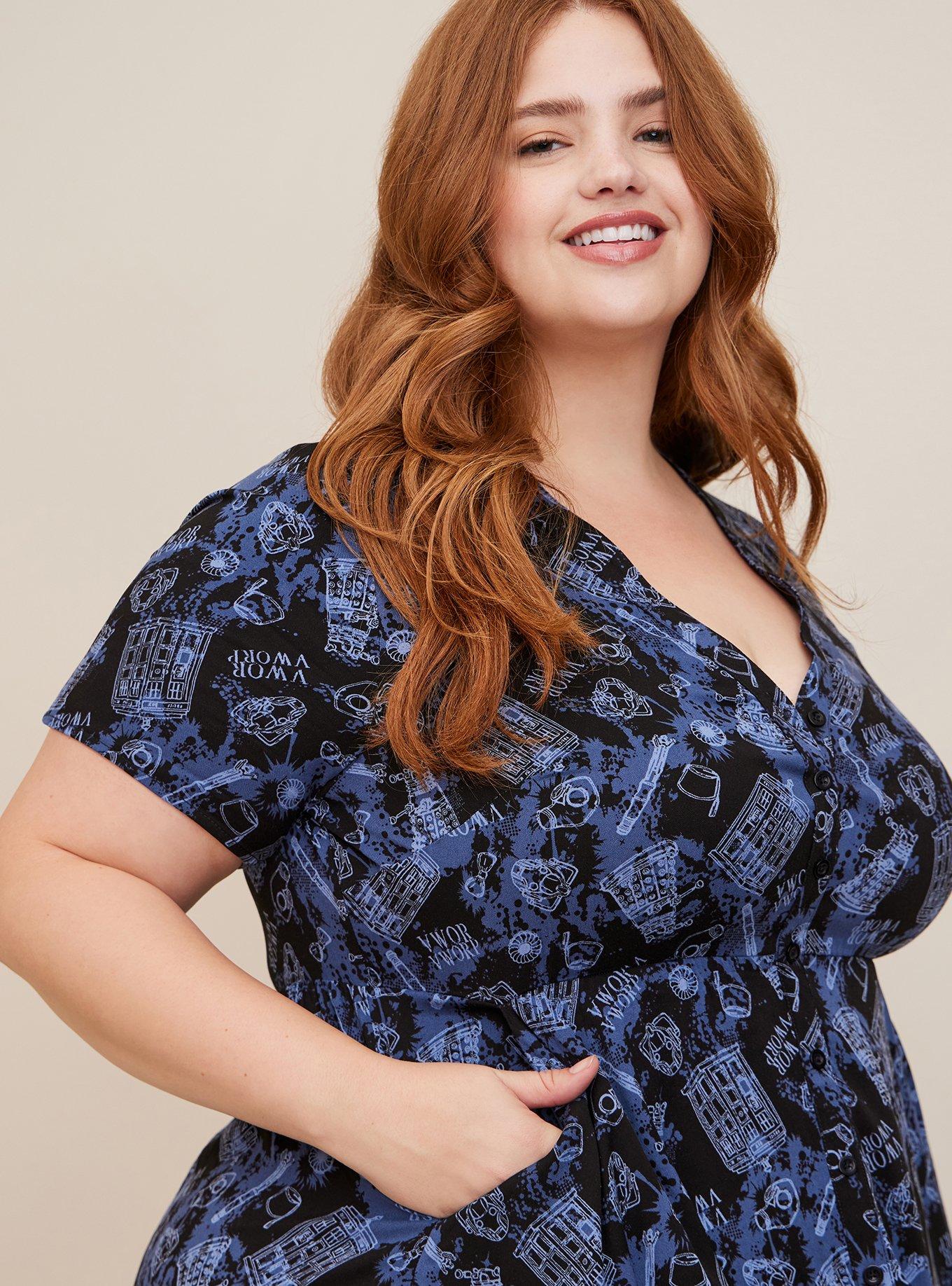 Plus Size Doctor Who Mini Stretch Challis Button Up Hi-Lo Dress, MULTI, alternate