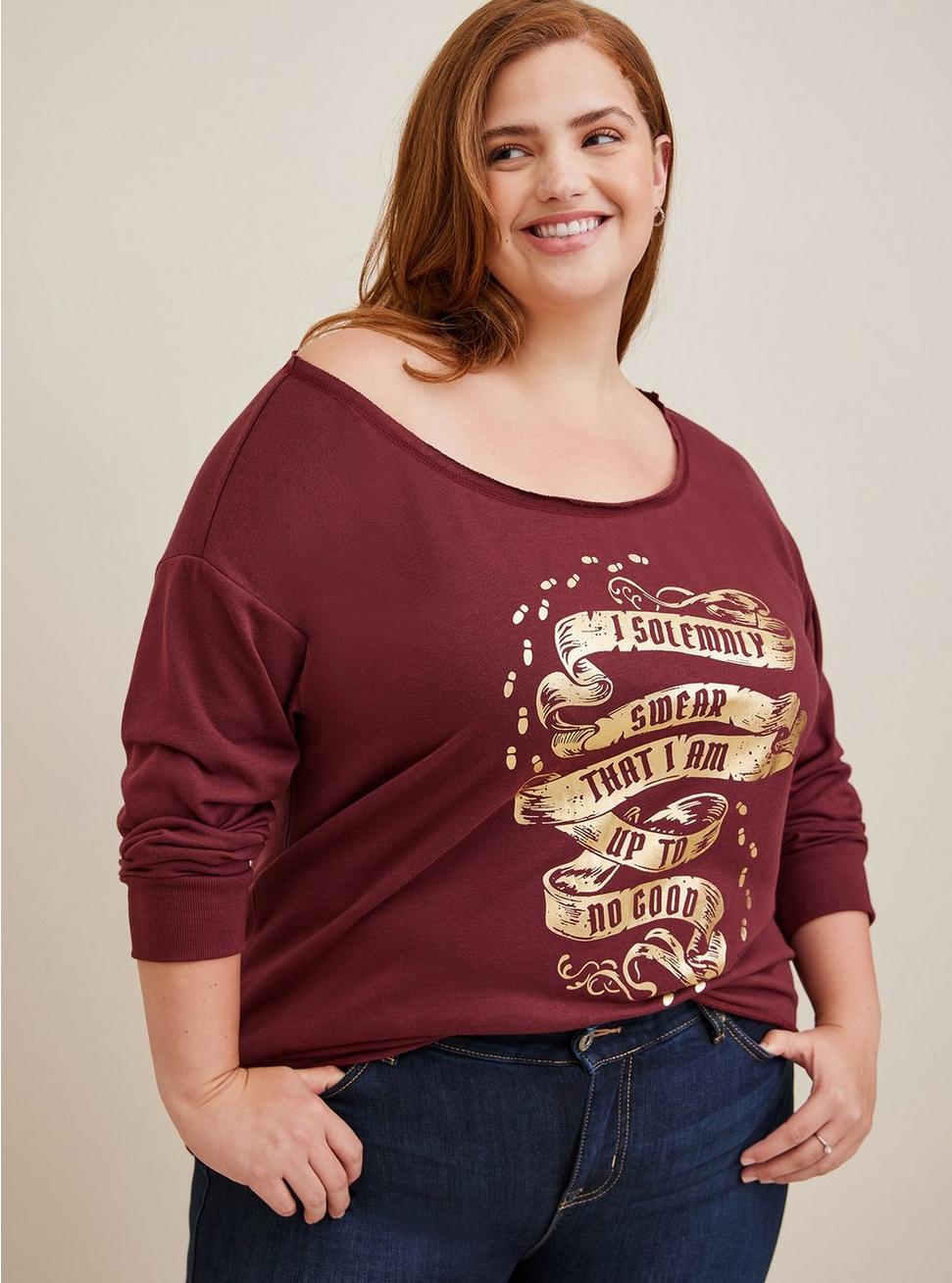 Harry Potter Solemnly Swear French Terry Off The Shoulder Sweatshirt, WINE, alternate