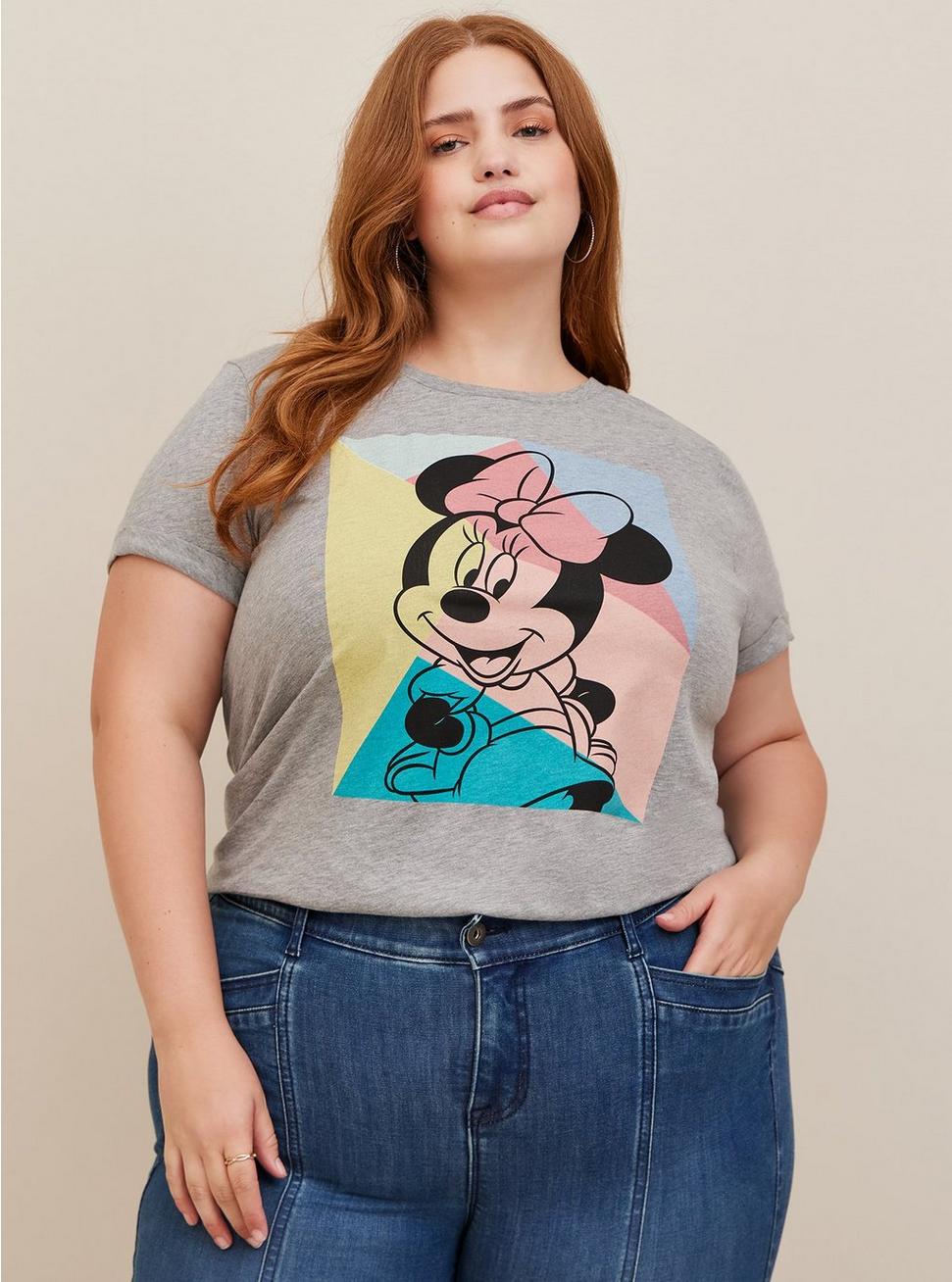 Plus Size Disney Minnie Mouse Cotton Modal Slub Rolled Sleeve Graphic Top, GREY, hi-res