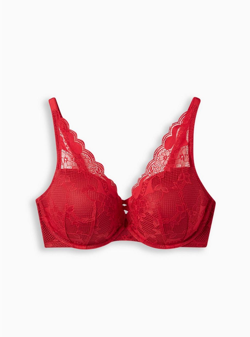 XO Plunge Push-Up Tattoo Lace Straight Back Bra, JESTER RED, hi-res