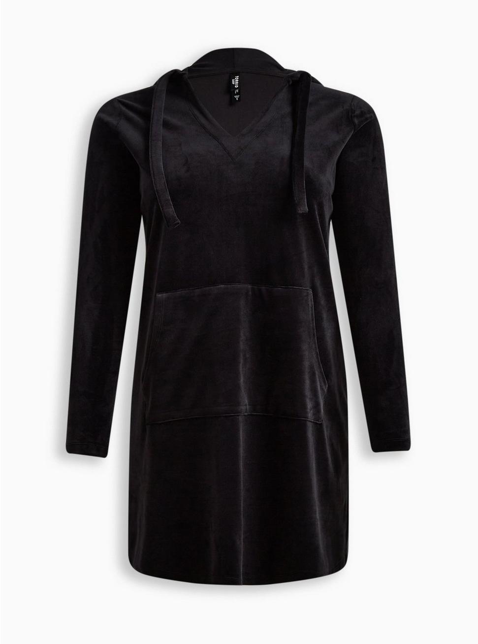 Plus Size Velour Hooded Long Sleeve Mini Lounge Gown, DEEP BLACK, hi-res
