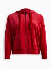 Velour Zip Front Long Sleeve Relaxed Lounge Hoodie, JESTER RED, hi-res