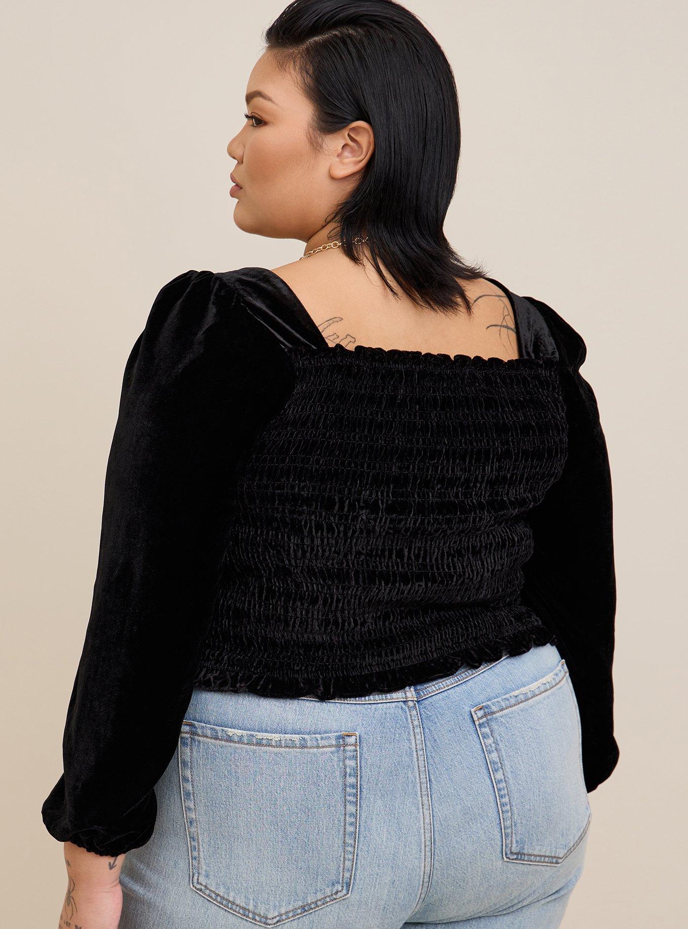 Plus Size - Velvet Smocked Blouson Sleeve Crop Top - Torrid