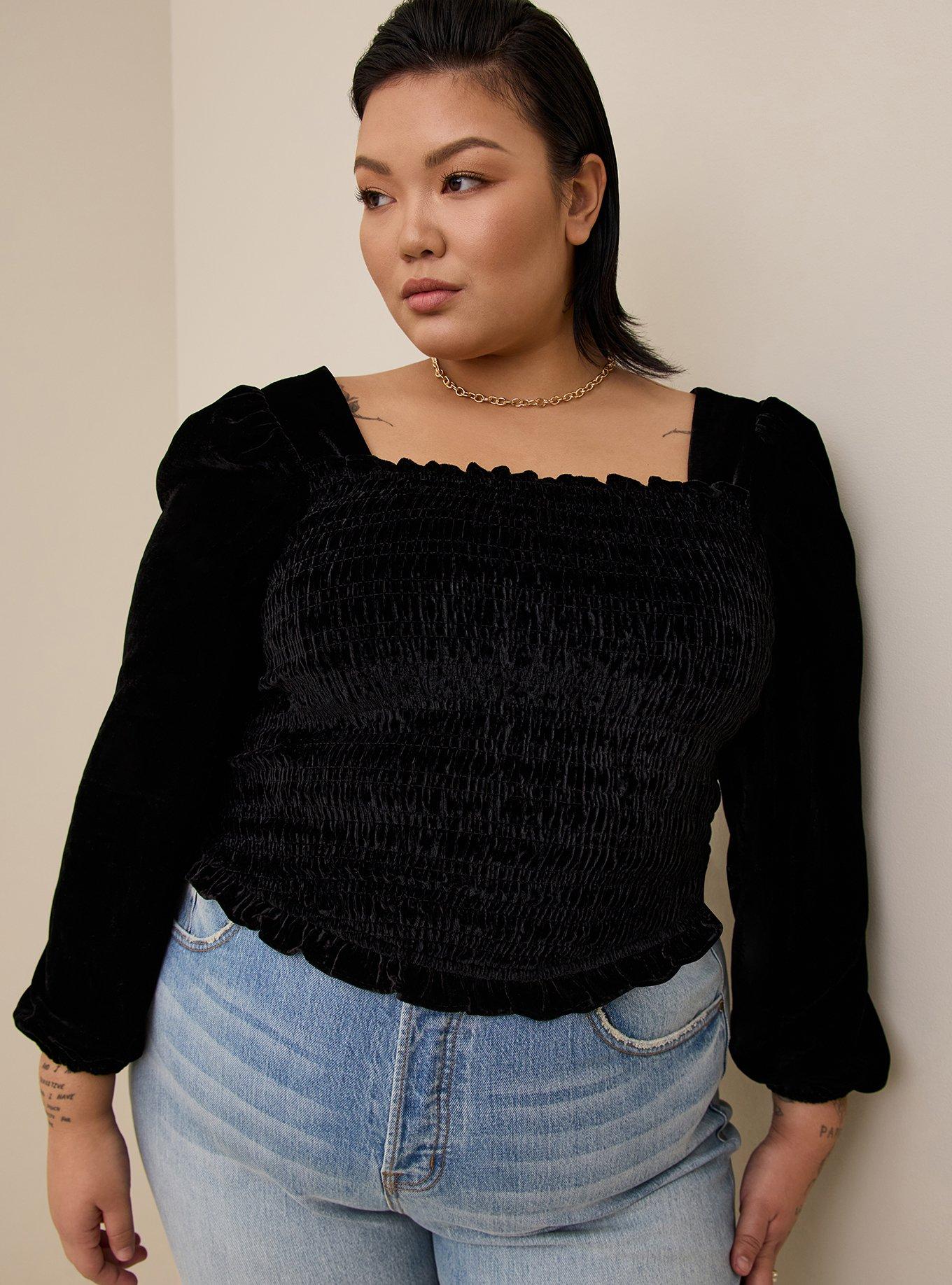 Velvet Smocked Blouson Sleeve Crop Top