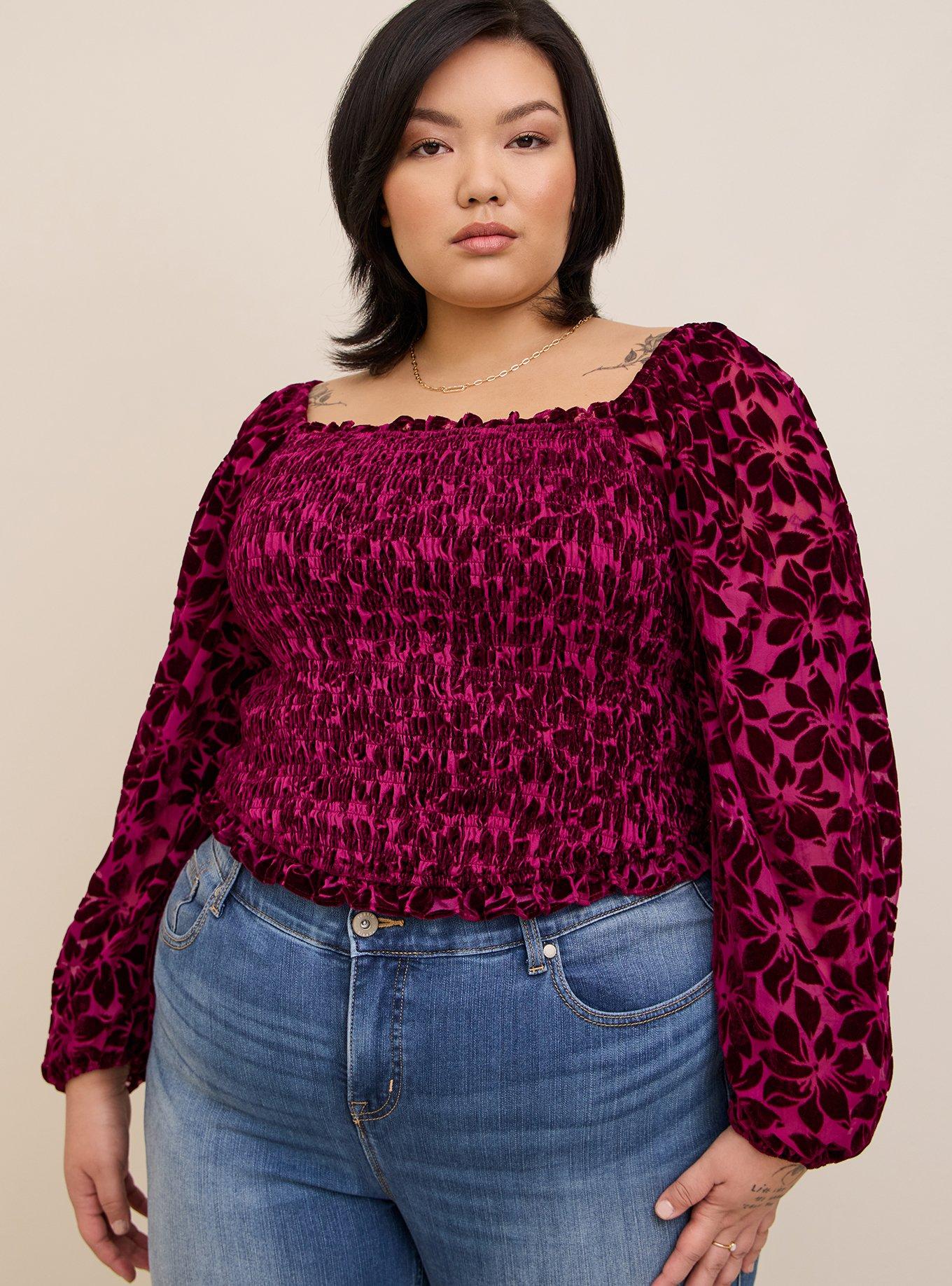 Velvet Smocked Blouson Sleeve Crop Top, WINE, alternate