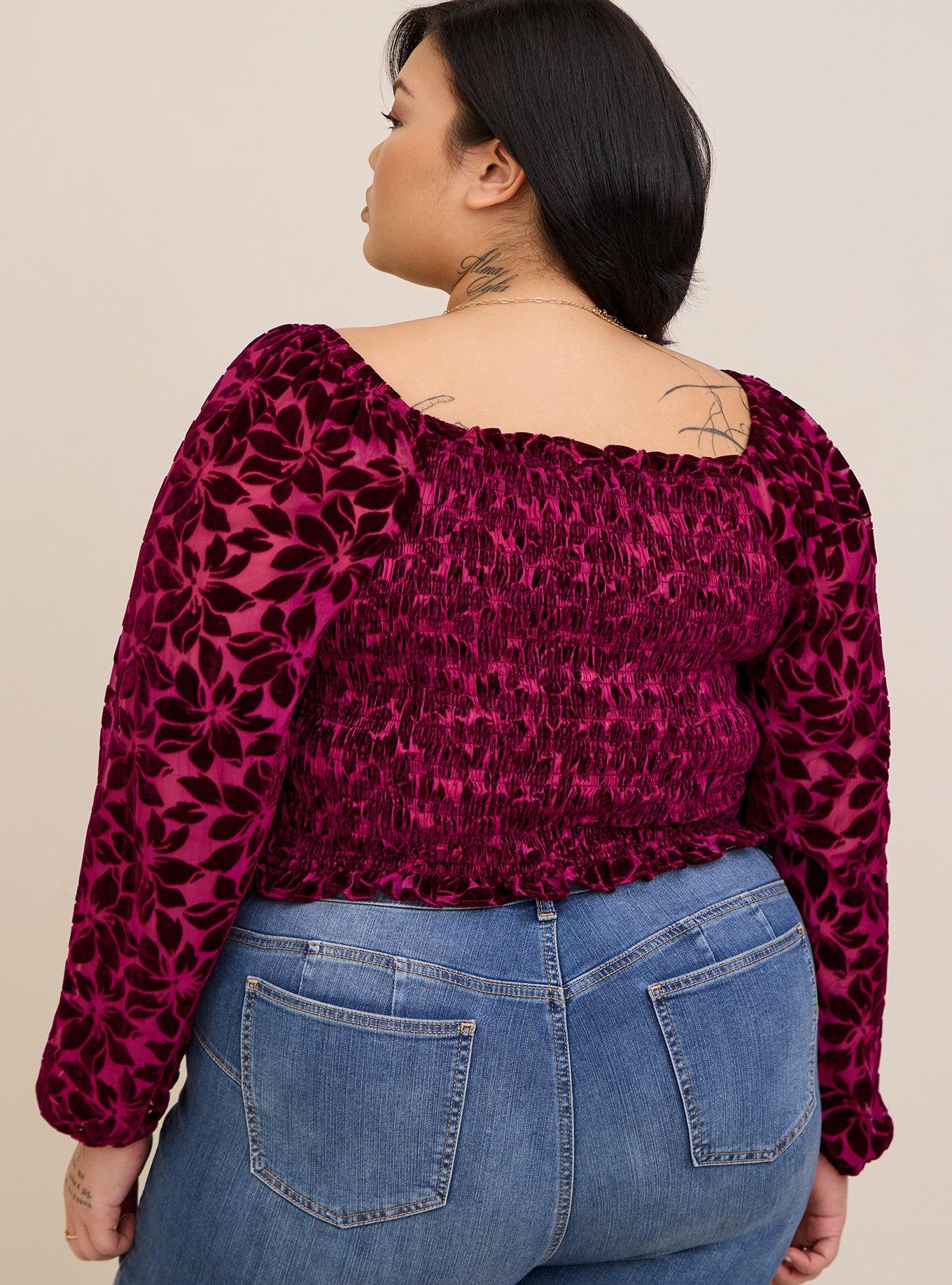 Velvet Smocked Blouson Sleeve Crop Top