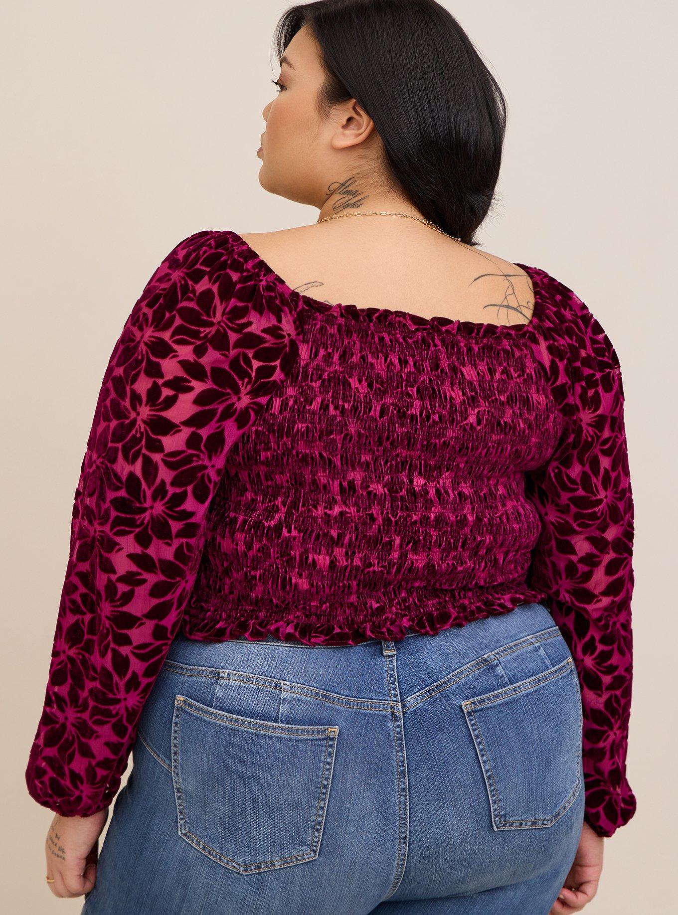 Velvet Smocked Blouson Sleeve Crop Top, WINE, alternate