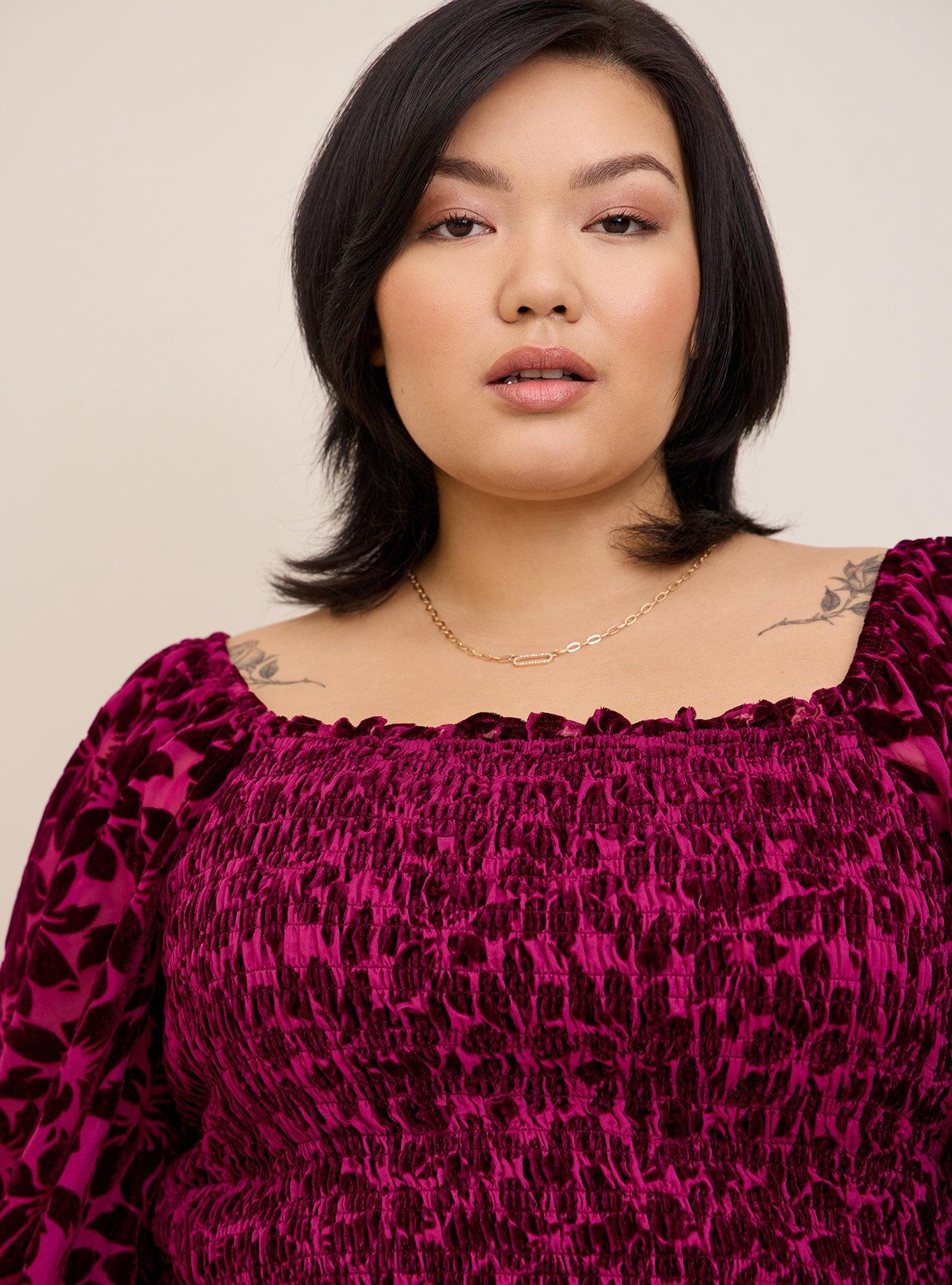 Velvet Smocked Blouson Sleeve Crop Top