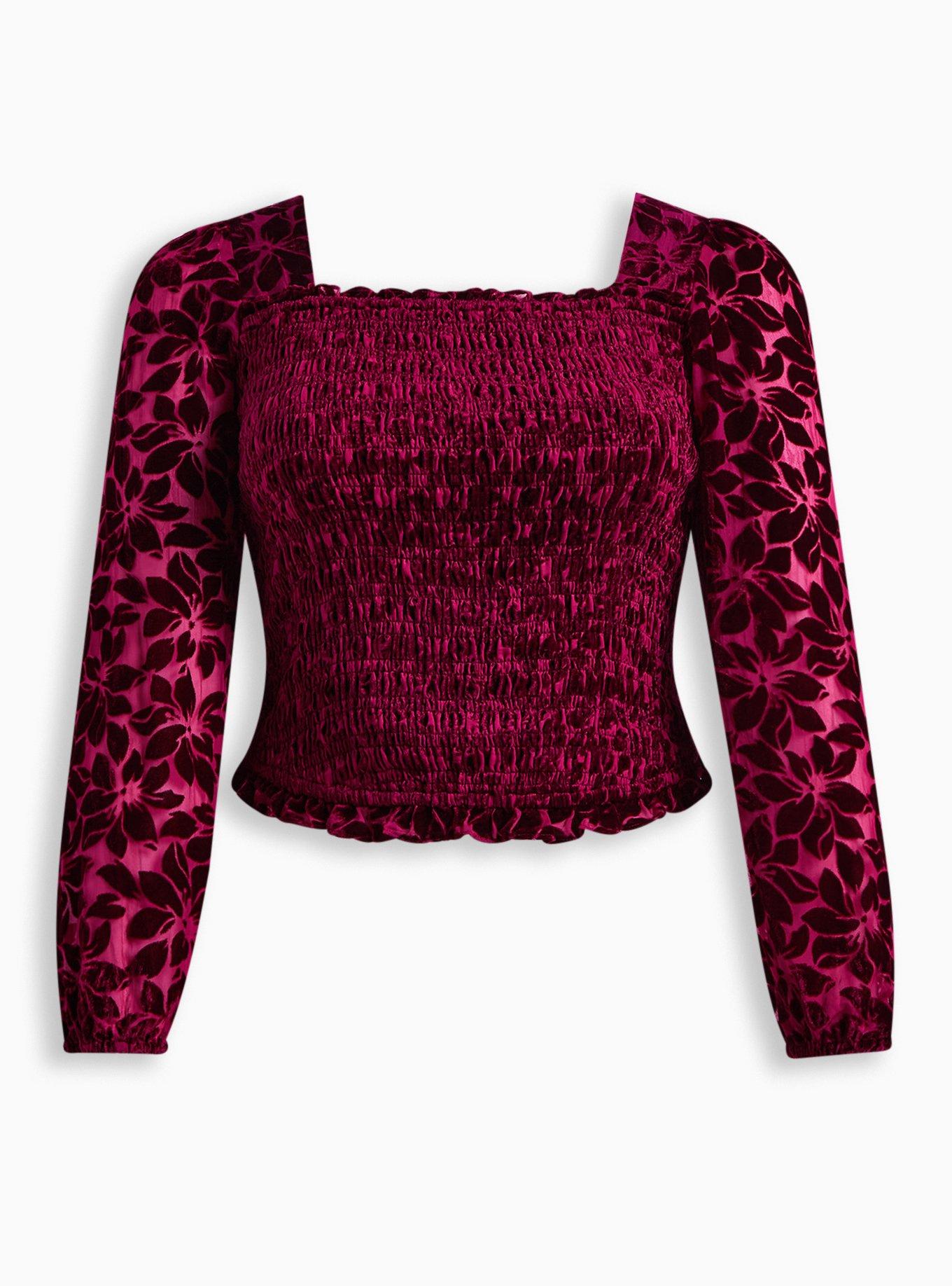 Velvet Smocked Blouson Sleeve Crop Top