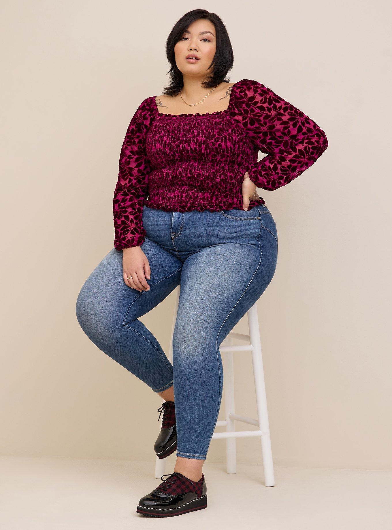 Plus Size - Velvet Smocked Blouson Sleeve Crop Top - Torrid