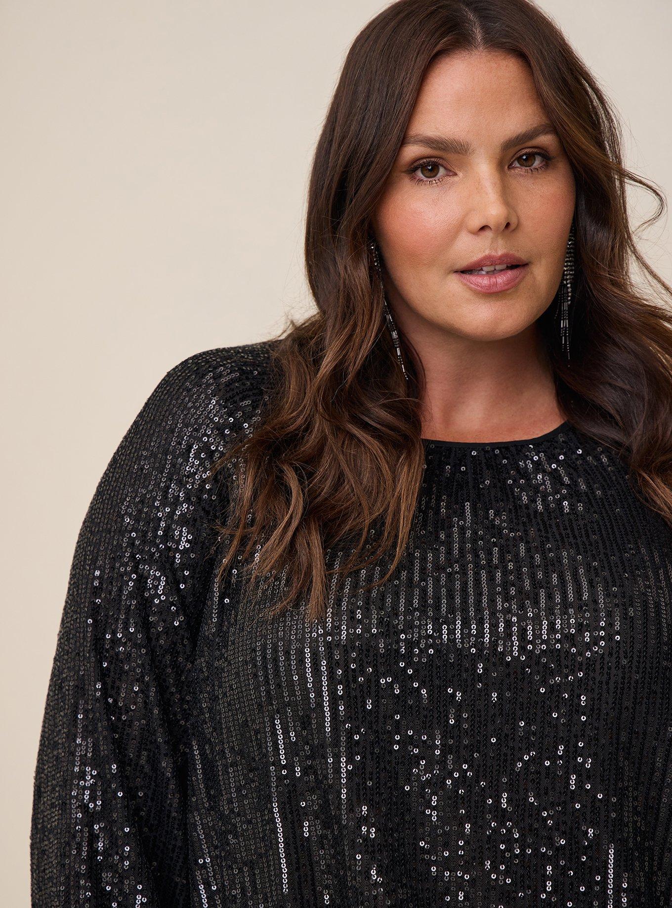 Black Plus Size Sequin Sleeve Top