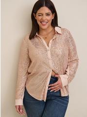 Madison Sequin Button-Front Long Sleeve Shirt, GOLD, hi-res