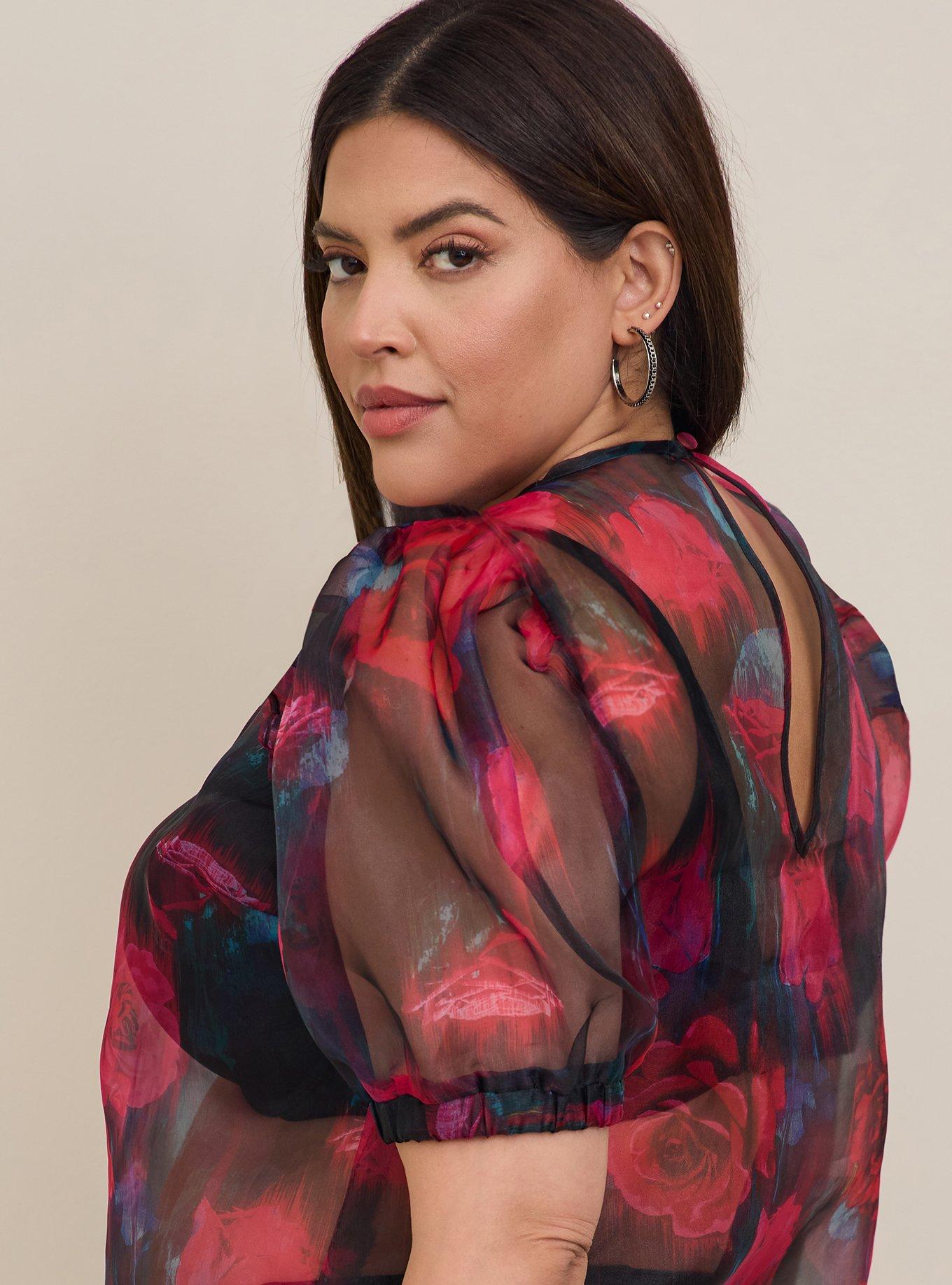 Plus Size Organza Puff Sleeve Top, FLORAL BLACK, alternate