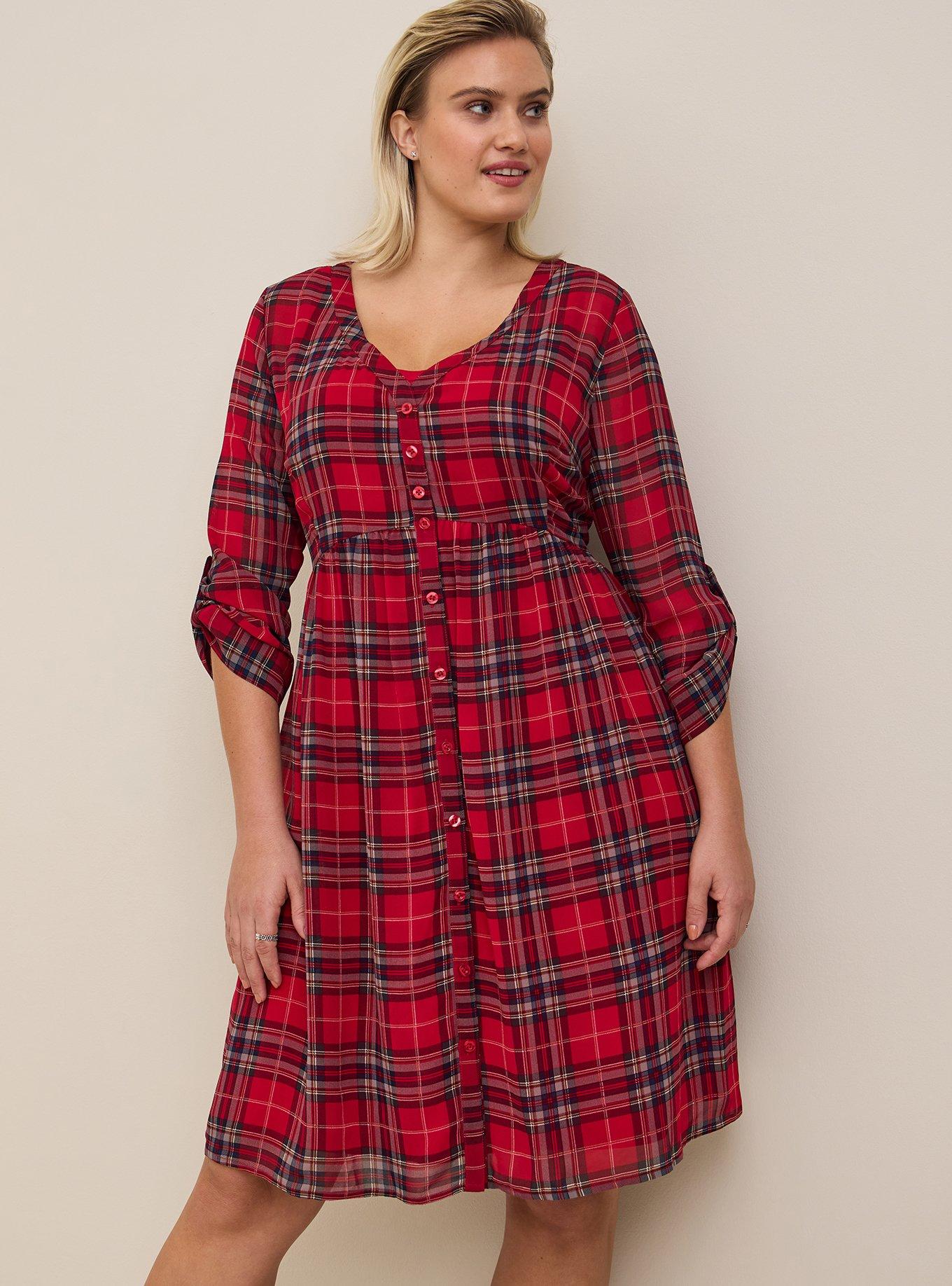 Mini Chiffon Button Front Shirtdress, PLAID RED, alternate