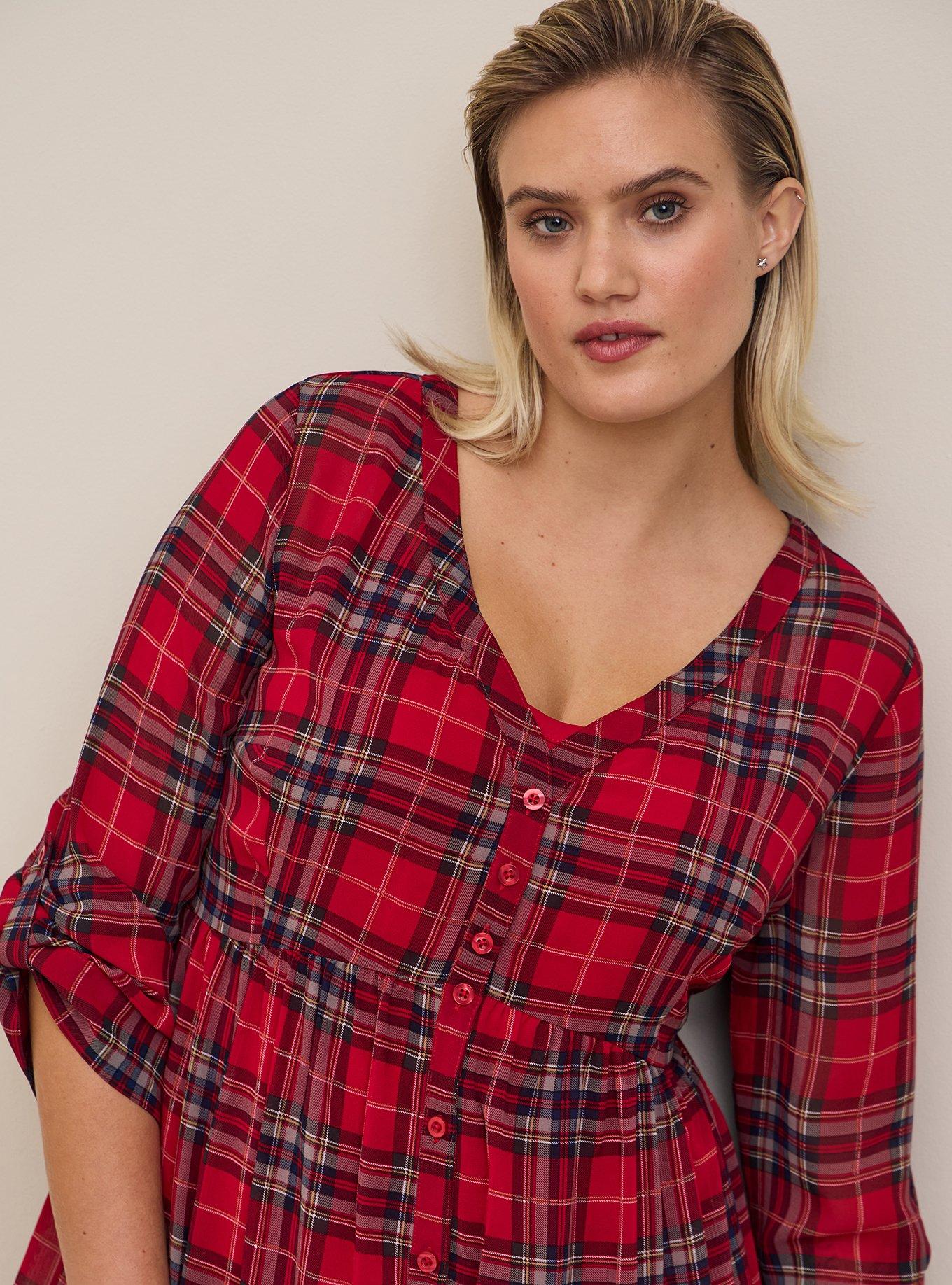 Mini Chiffon Button Front Shirtdress, PLAID RED, alternate