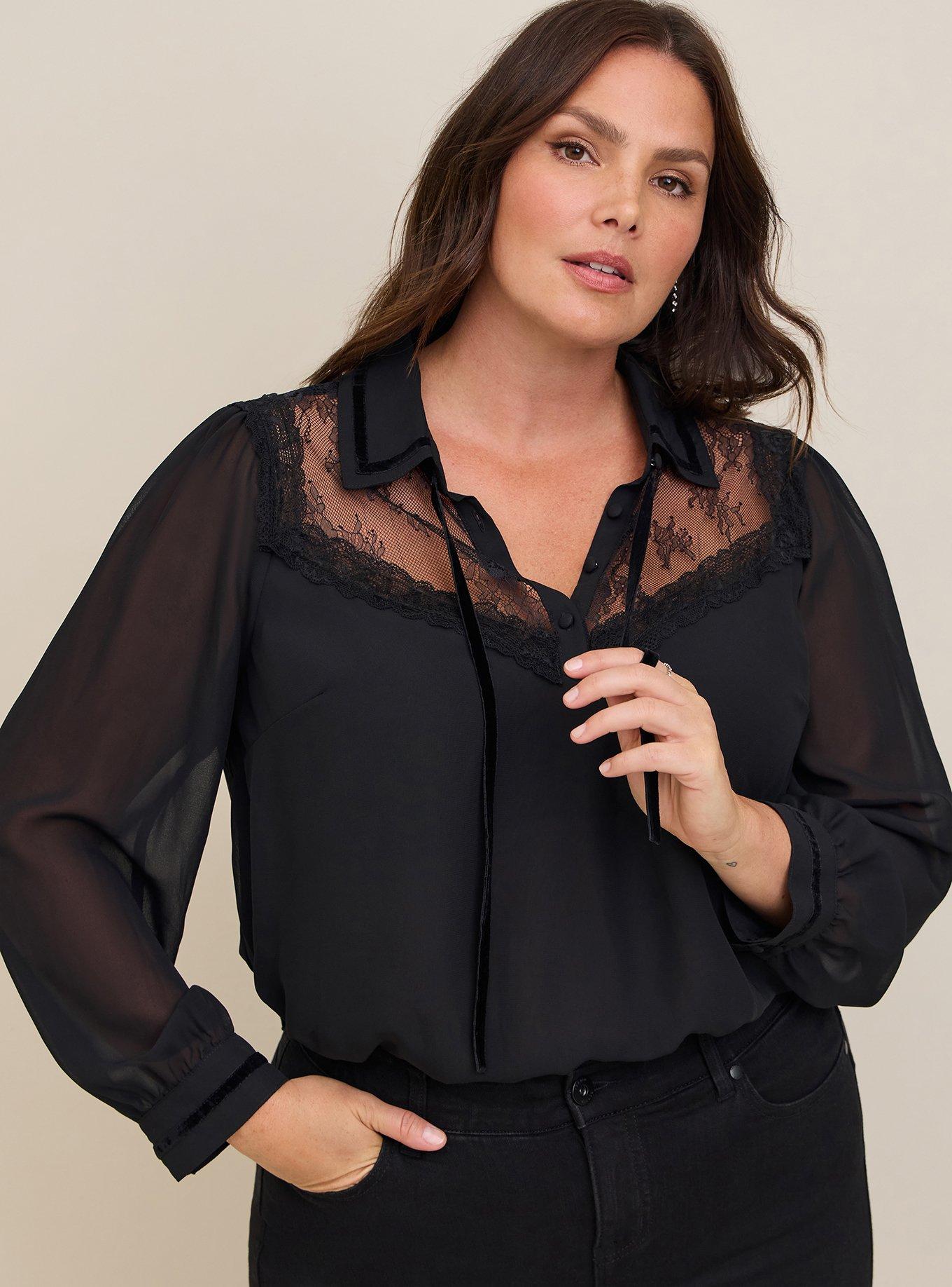 Plus Size - Chiffon Velvet Trim Bow Tie Blouse - Torrid