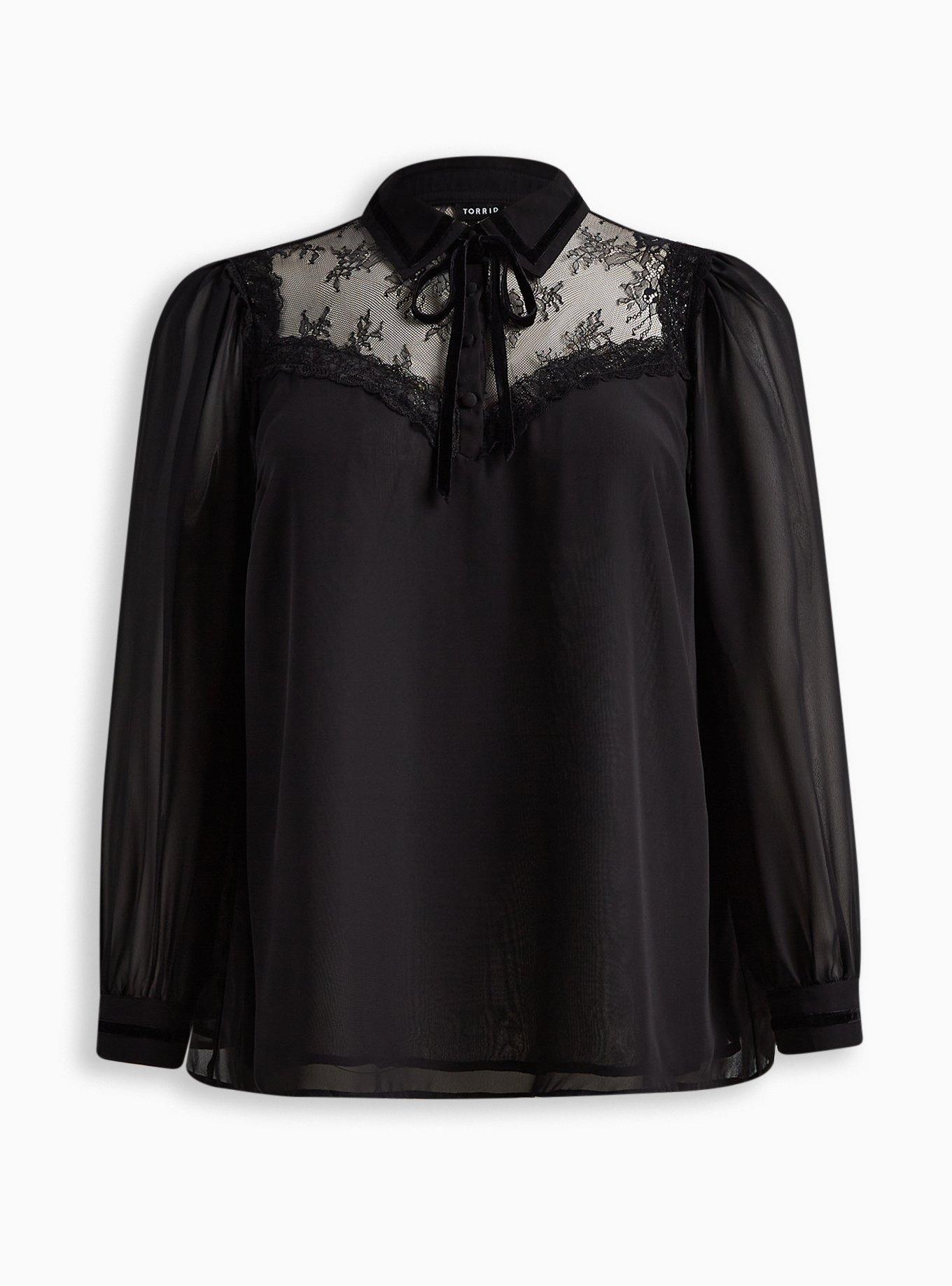 Chiffon Velvet Trim Bow Tie Blouse