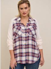 Relaxed Fit Brushed Rayon Acrylic With Waffle Knit Sleeve Shirt, PLAID IVORY, hi-res