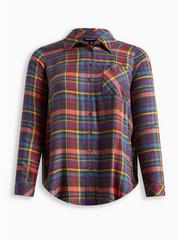 Lizzie Brushed Rayon Acrylic Button-Down Long Sleeve Shirt, PLAID MULTI, hi-res