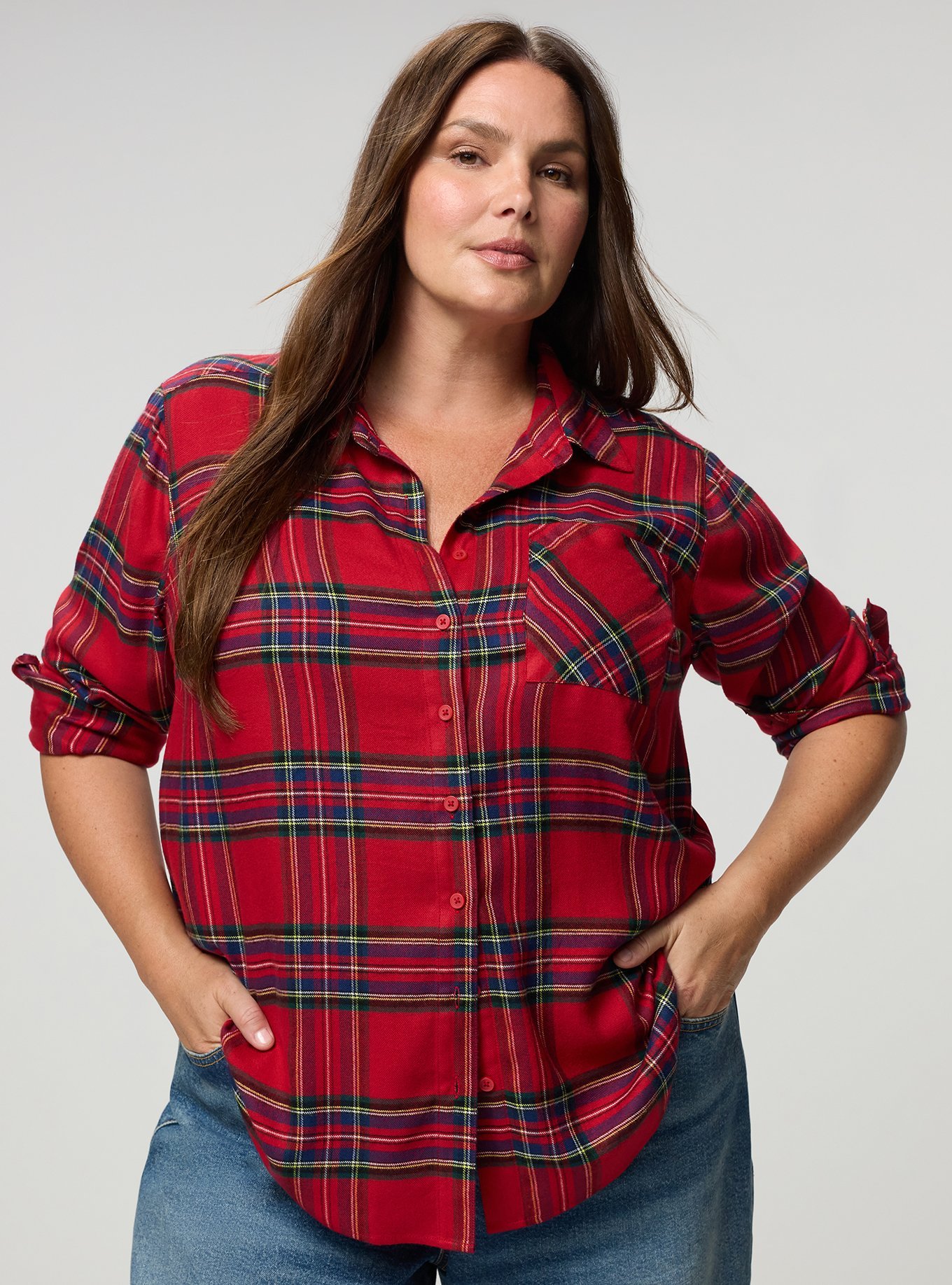 Lizzie Brushed Flannel Shirt, EVE PLAID RED, hi-res