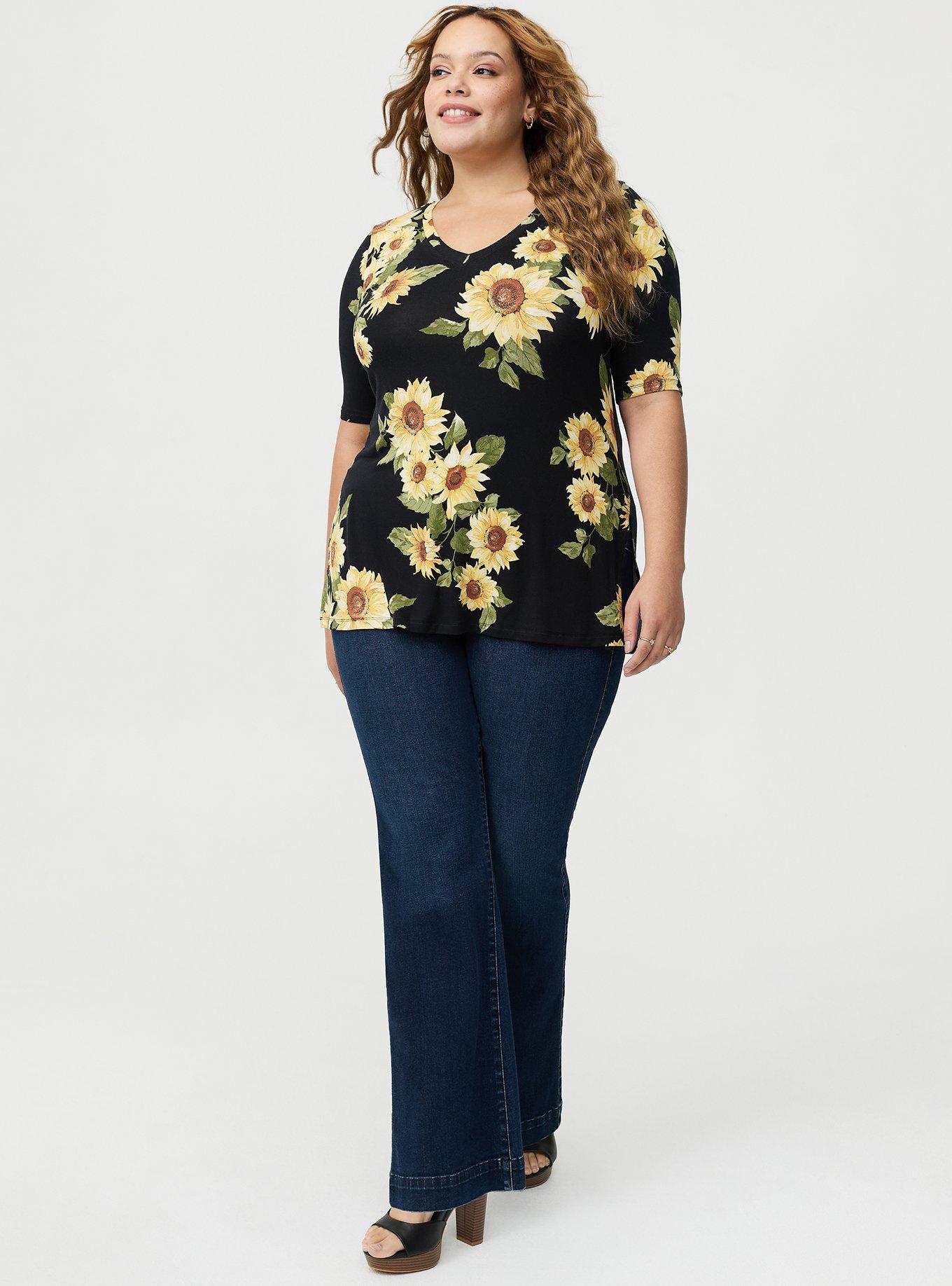 Favorite Tunic Super Soft V-Neck Tee, CLASSIC SUNFLOWERS FLORAL BLACK, alternate