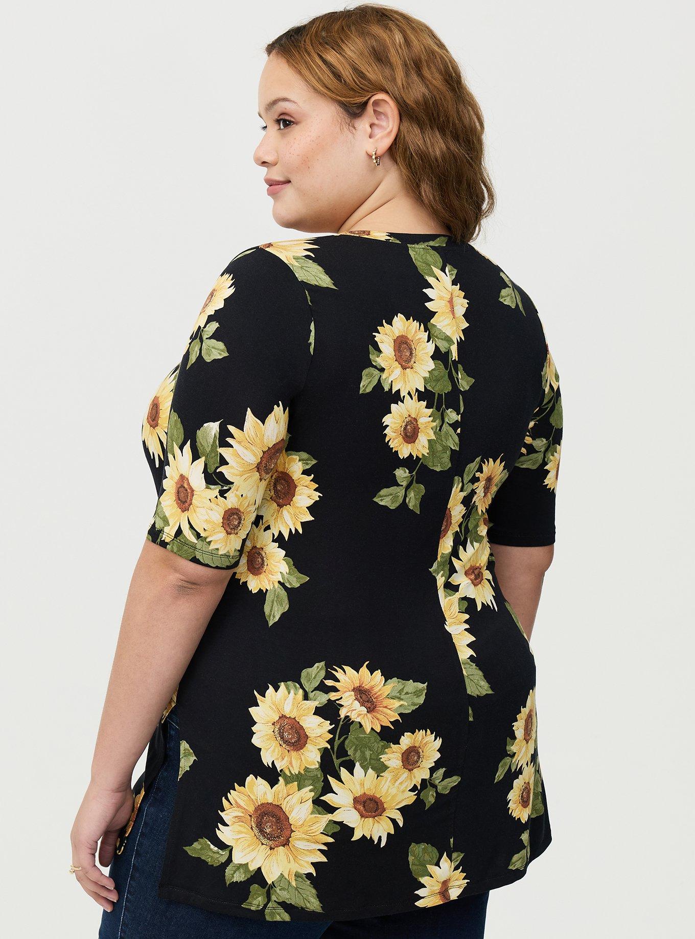 Favorite Tunic Super Soft V-Neck Tee, CLASSIC SUNFLOWERS FLORAL BLACK, alternate