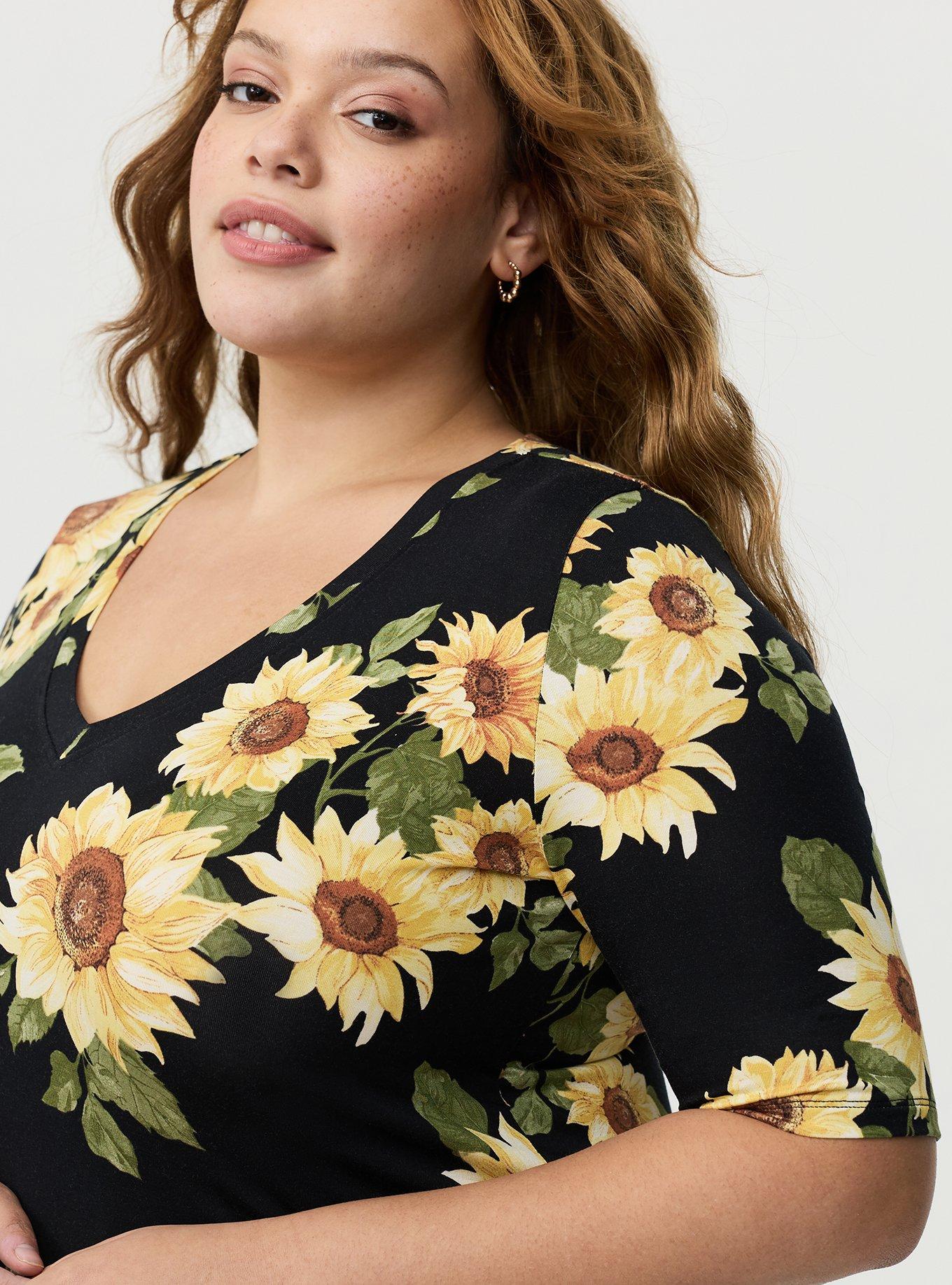 Favorite Tunic Super Soft V-Neck Tee, CLASSIC SUNFLOWERS FLORAL BLACK, alternate