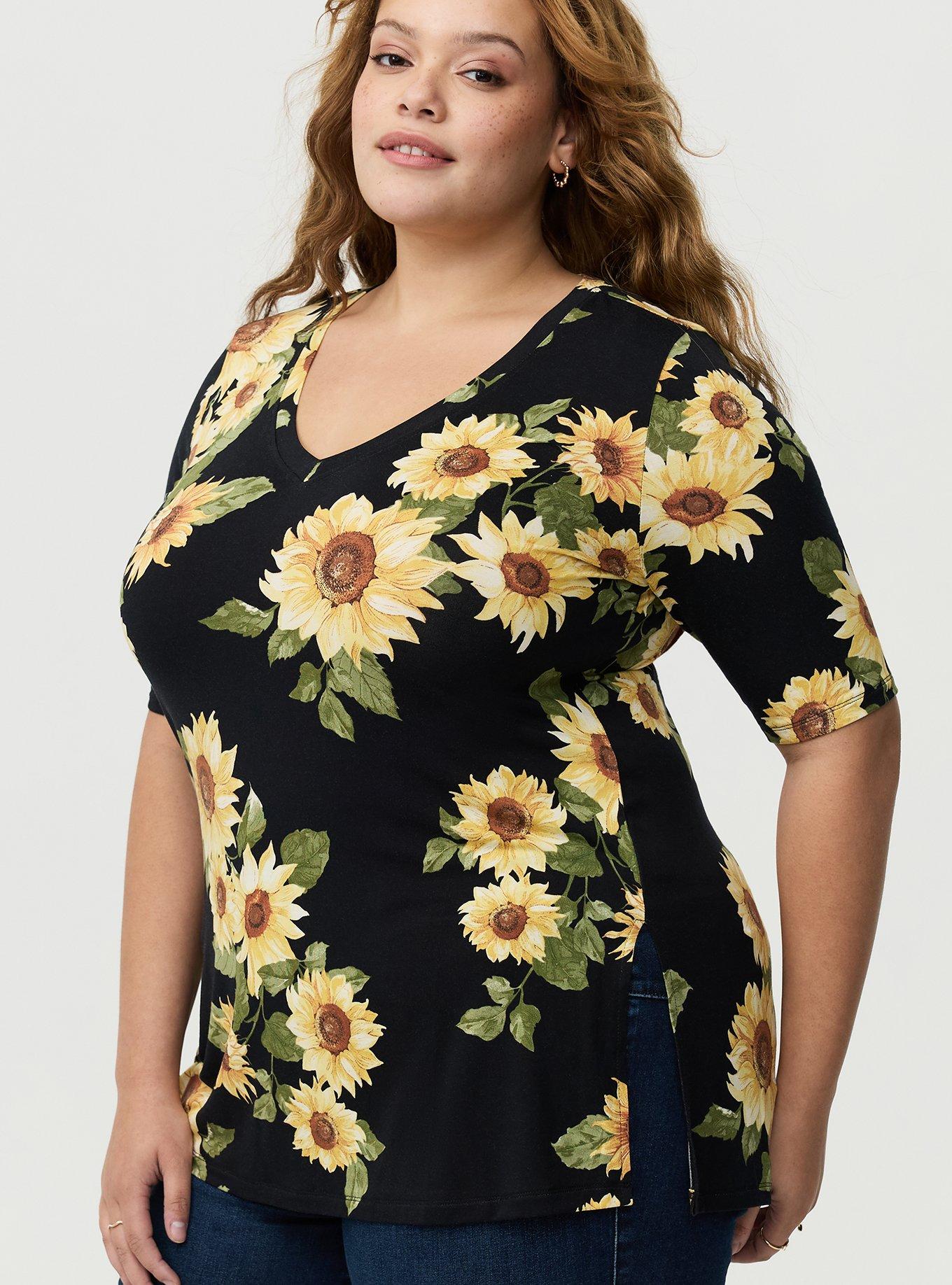 Favorite Tunic Super Soft V-Neck Tee, CLASSIC SUNFLOWERS FLORAL BLACK, alternate