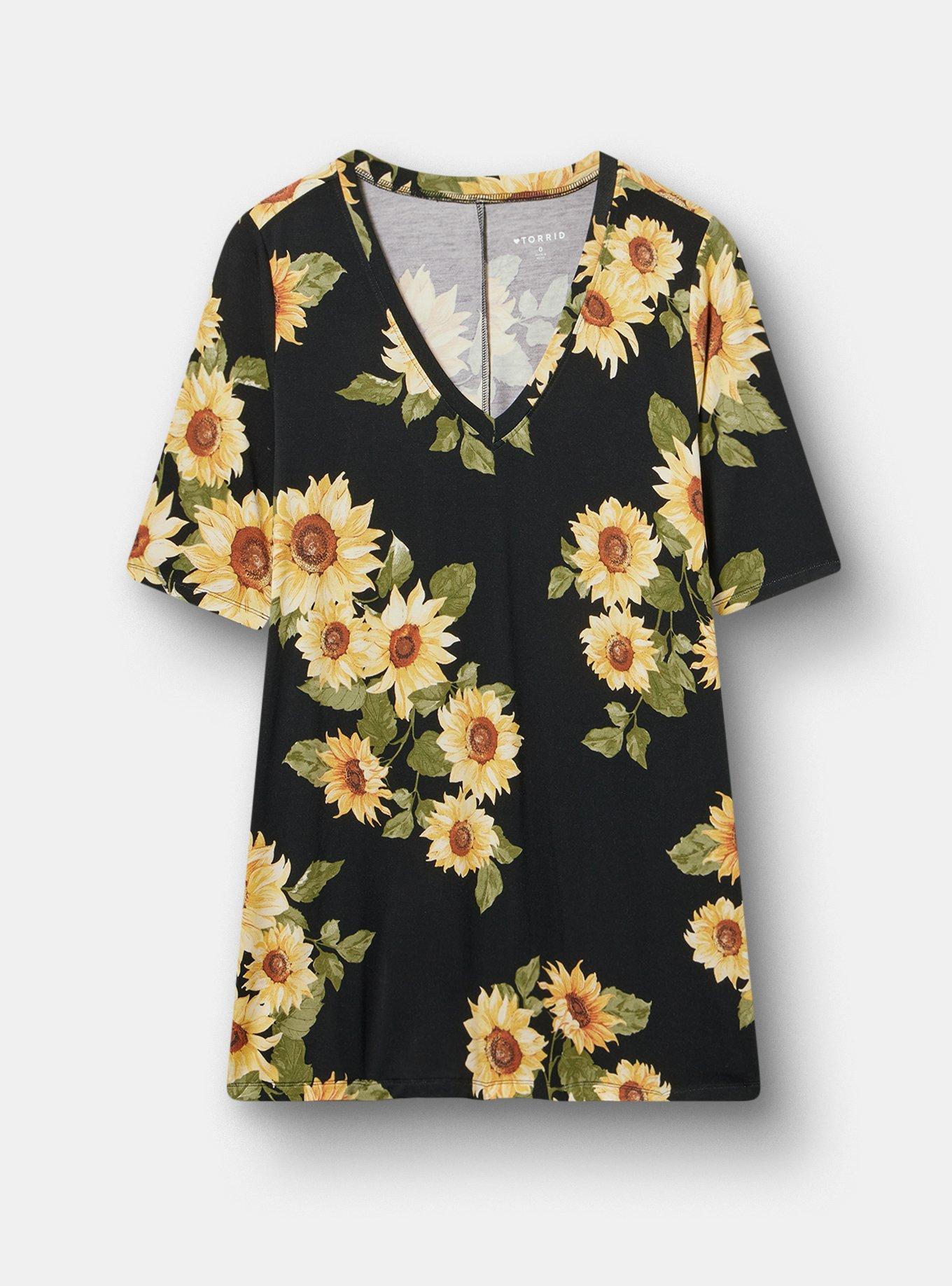 Favorite Tunic Super Soft V-Neck Tee, CLASSIC SUNFLOWERS FLORAL BLACK, hi-res