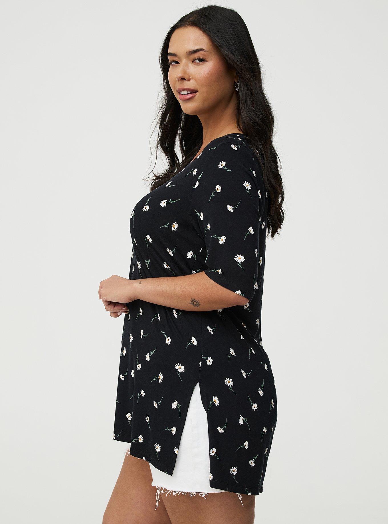 Favorite Tunic Super Soft V-Neck Tee, DARA DAISIES FLORAL BLACK, alternate