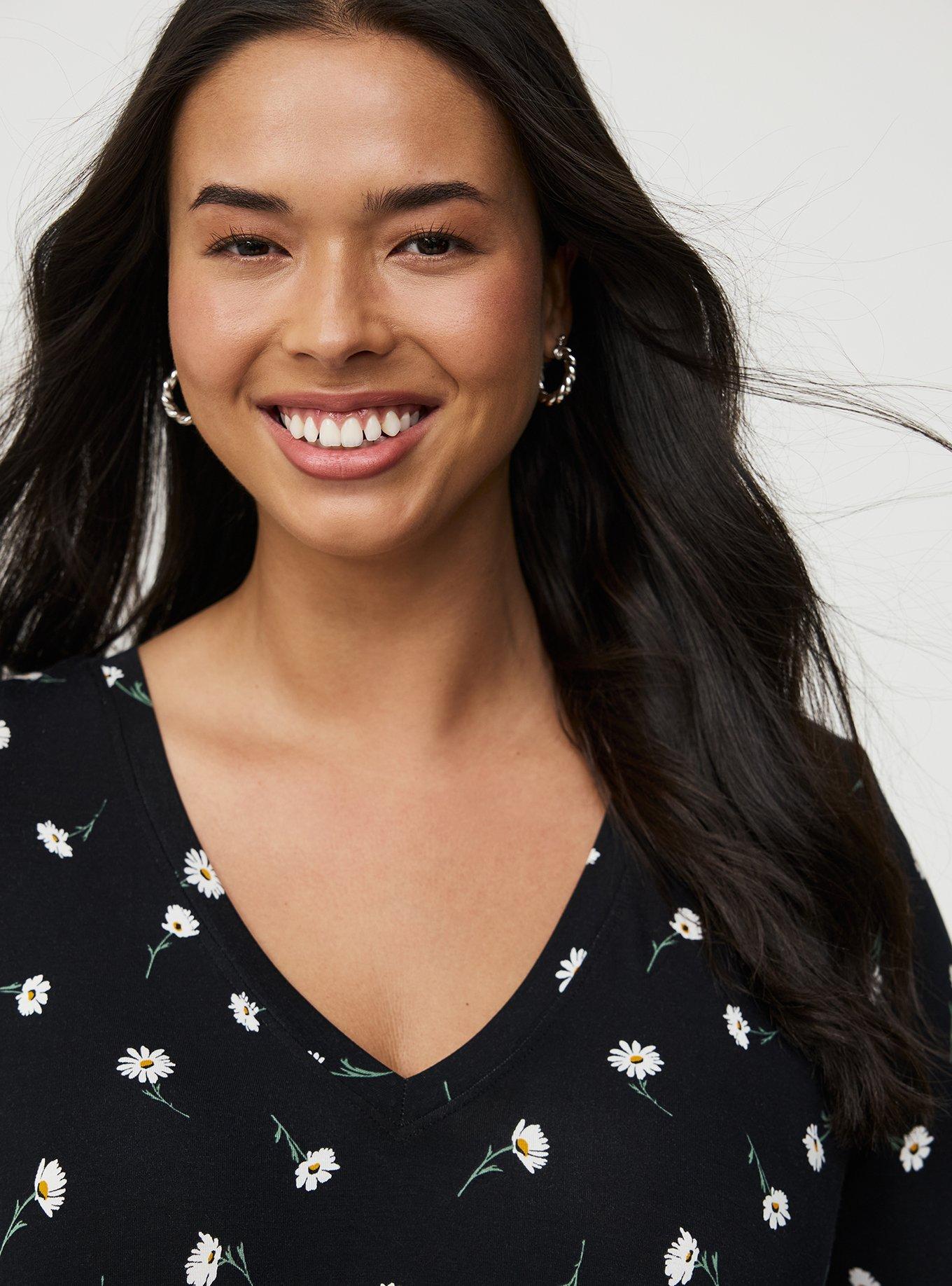 Favorite Tunic Super Soft V-Neck Tee, DARA DAISIES FLORAL BLACK, alternate