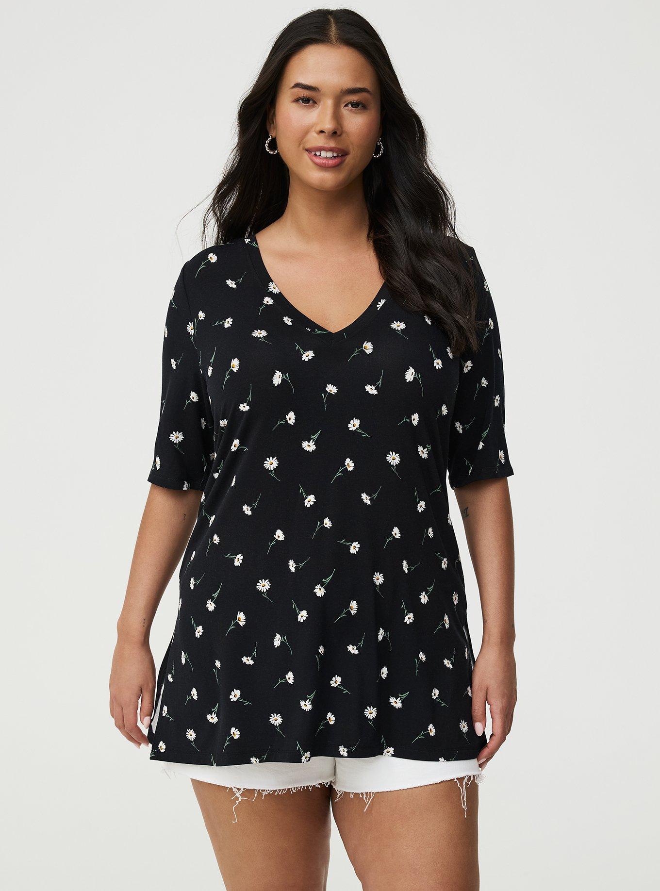 Favorite Tunic Super Soft V-Neck Tee, DARA DAISIES FLORAL BLACK, alternate
