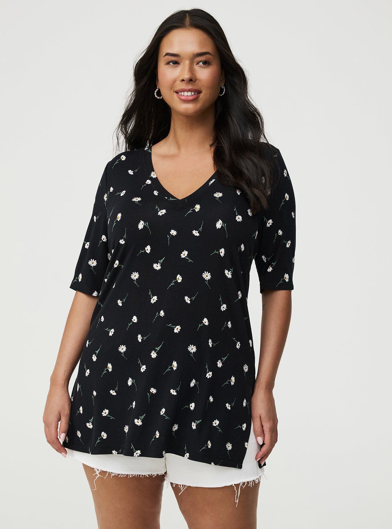 Favorite Tunic Super Soft V-Neck Tee, DARA DAISIES FLORAL BLACK, hi-res