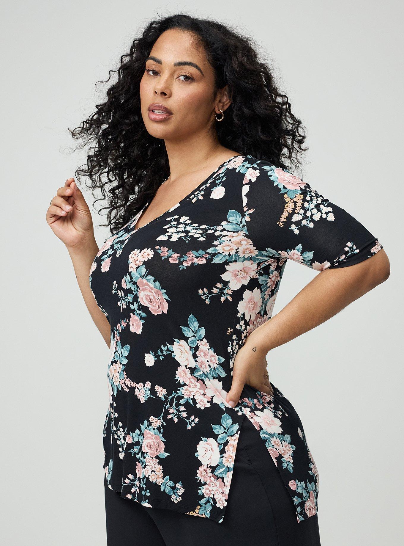 Favorite Tunic Super Soft V-Neck Side Slit Tee, WILD BOUQUET BLACK, alternate