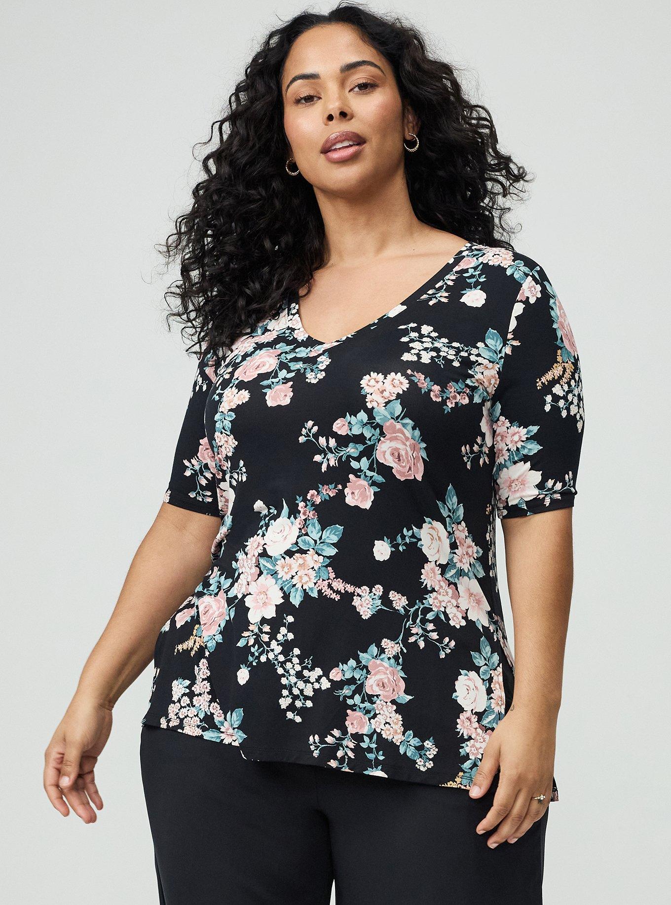 Favorite Tunic Super Soft V-Neck Side Slit Tee, WILD BOUQUET BLACK, hi-res