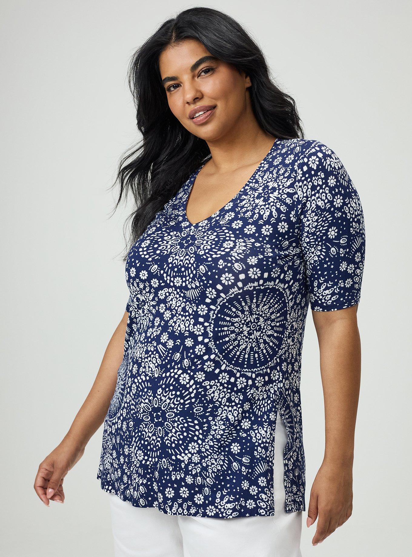 Favorite Tunic Super Soft V-Neck Side Slit Tee, WASHED MANDALA MEDIEVAL BLUE, hi-res