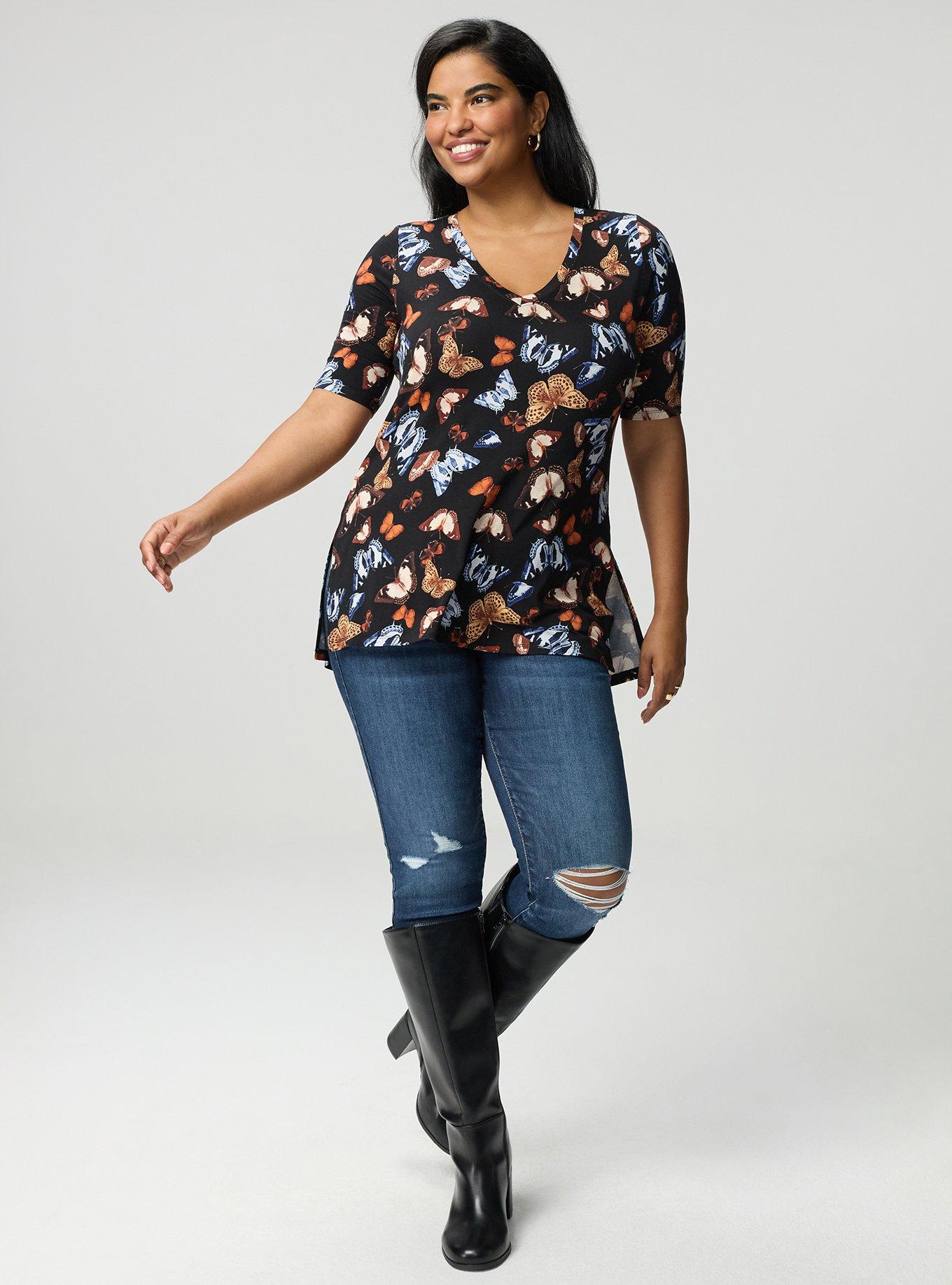 Plus Size Favorite Tunic Super Soft V-Neck Side Slit Tee, PHOTOREAL BUTTERFLIES TAN, alternate