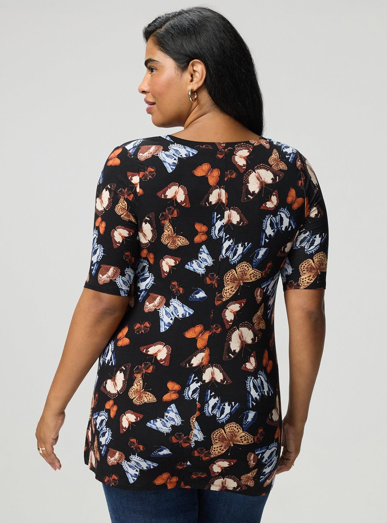 Plus Size Favorite Tunic Super Soft V-Neck Side Slit Tee, PHOTOREAL BUTTERFLIES TAN, alternate