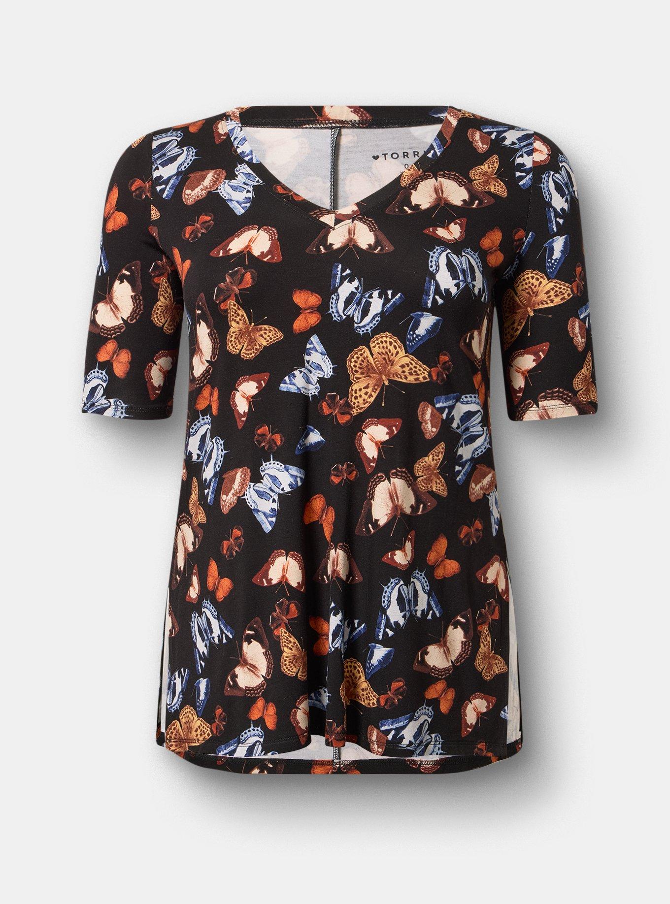 Plus Size Favorite Tunic Super Soft V-Neck Side Slit Tee, PHOTOREAL BUTTERFLIES TAN, hi-res