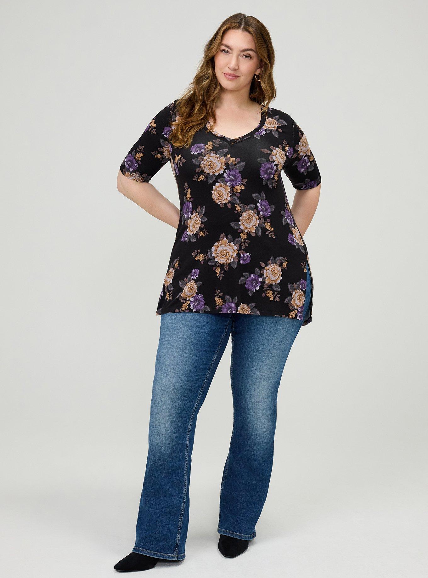 Plus Size Favorite Tunic Super Soft V-Neck Side Slit Tee, BRENDA FLORAL BLACK, alternate