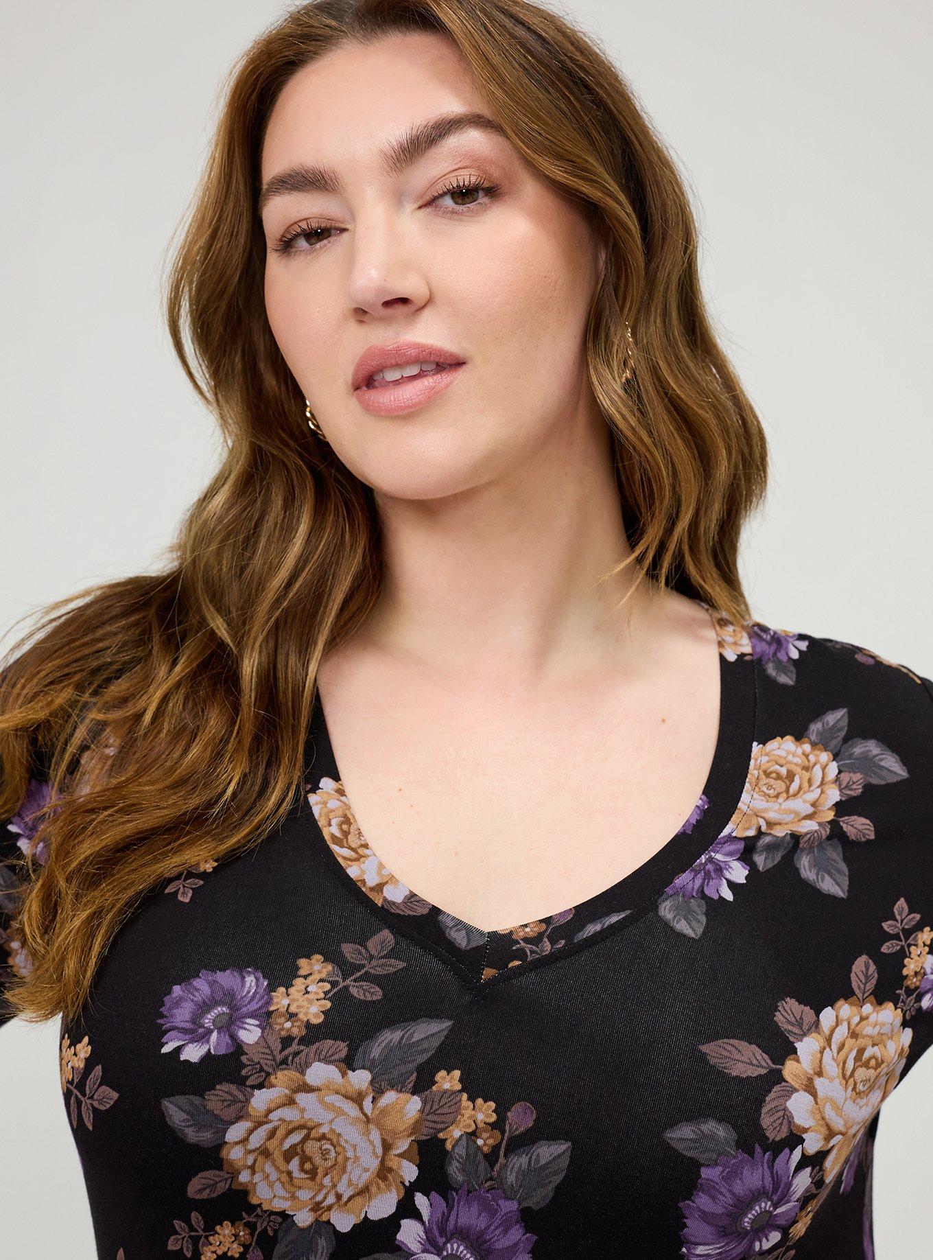 Plus Size Favorite Tunic Super Soft V-Neck Side Slit Tee, BRENDA FLORAL BLACK, alternate