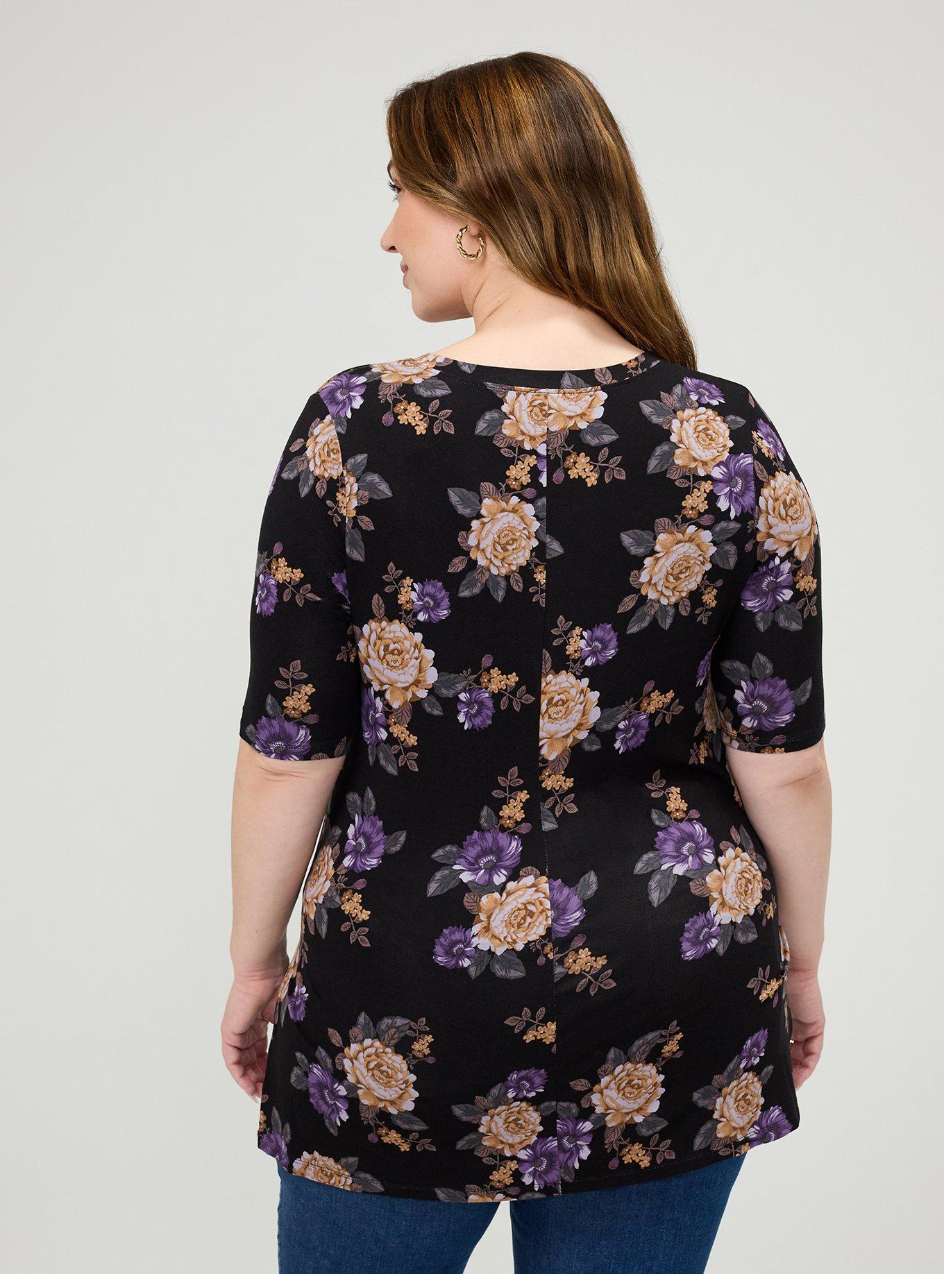 Plus Size Favorite Tunic Super Soft V-Neck Side Slit Tee, BRENDA FLORAL BLACK, alternate